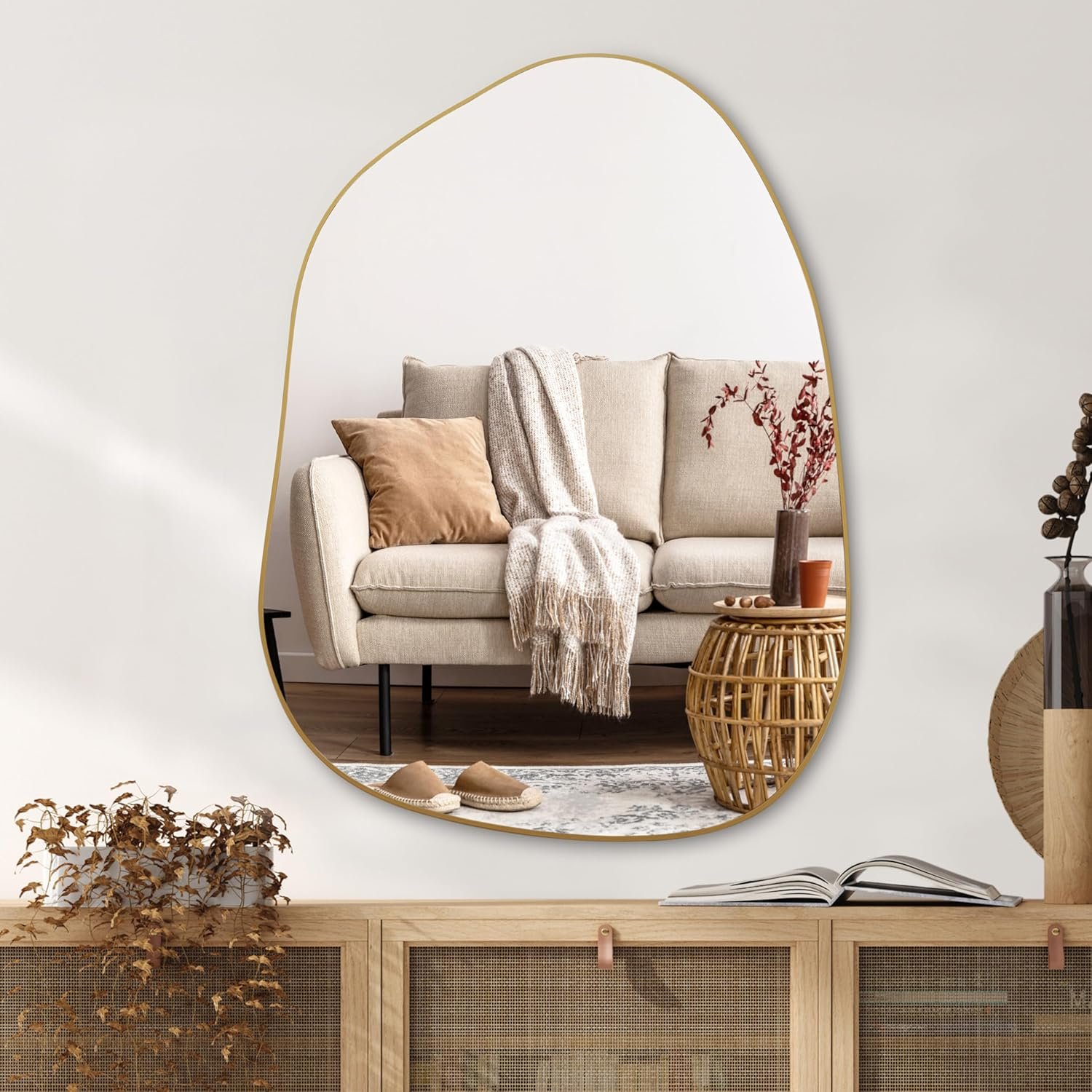 PERFNIQUE Irregular Wall Mirror Asymmetrical Mirror, 32”x24” Gold Mirror for Bathroom Bedroom Living Room Entryway, Decorative Modern Boho Decor, Wall Mouted(Gold, 32”x24”)