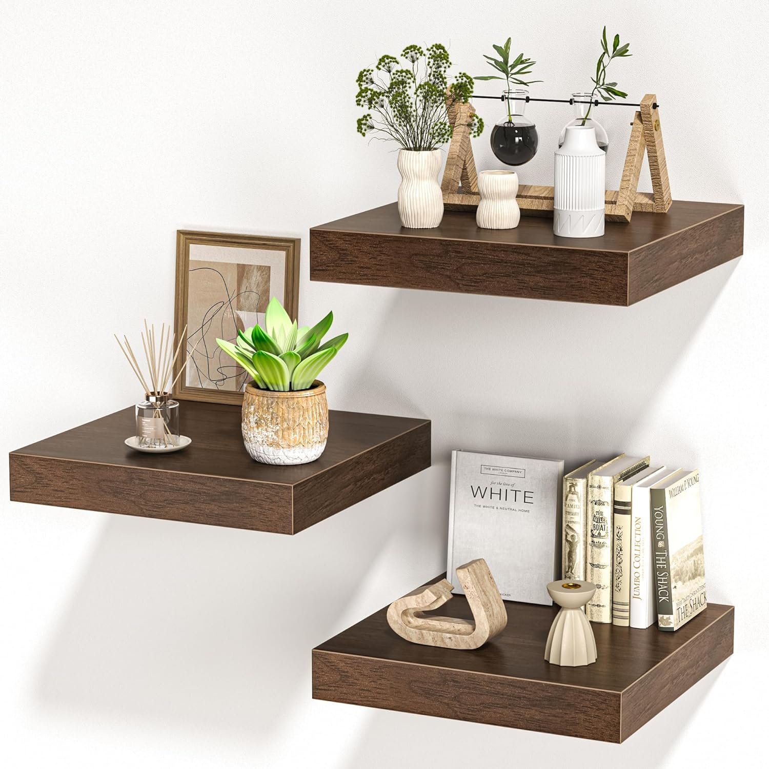 FLYJOE Square Floating Shelves for Wall, 12″ W x 12″ D x 1.4″ H, Small Wooden Wall Mounted Display Shelves with Invisible Brackets for Living Room, Bedroom, Bathroom, Kitchen Decor, Set of 3, Walnut