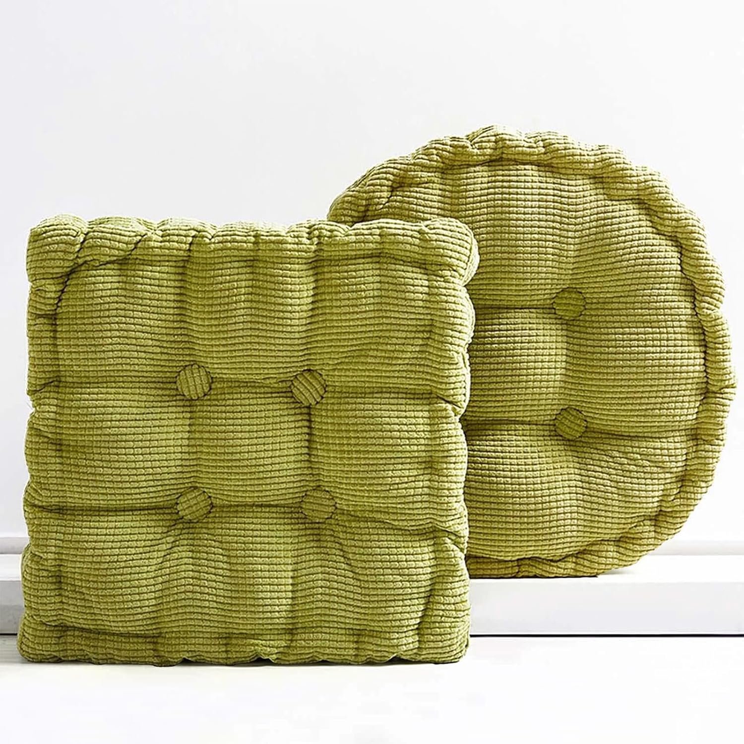 2 Pack Large Square and Round Floor Cushions for Adults Meditation Floor Pillow Green Corduroy Floor Seat Pillows Cushion for Living Room Balcony Tatami Yoga,18×18 Inch