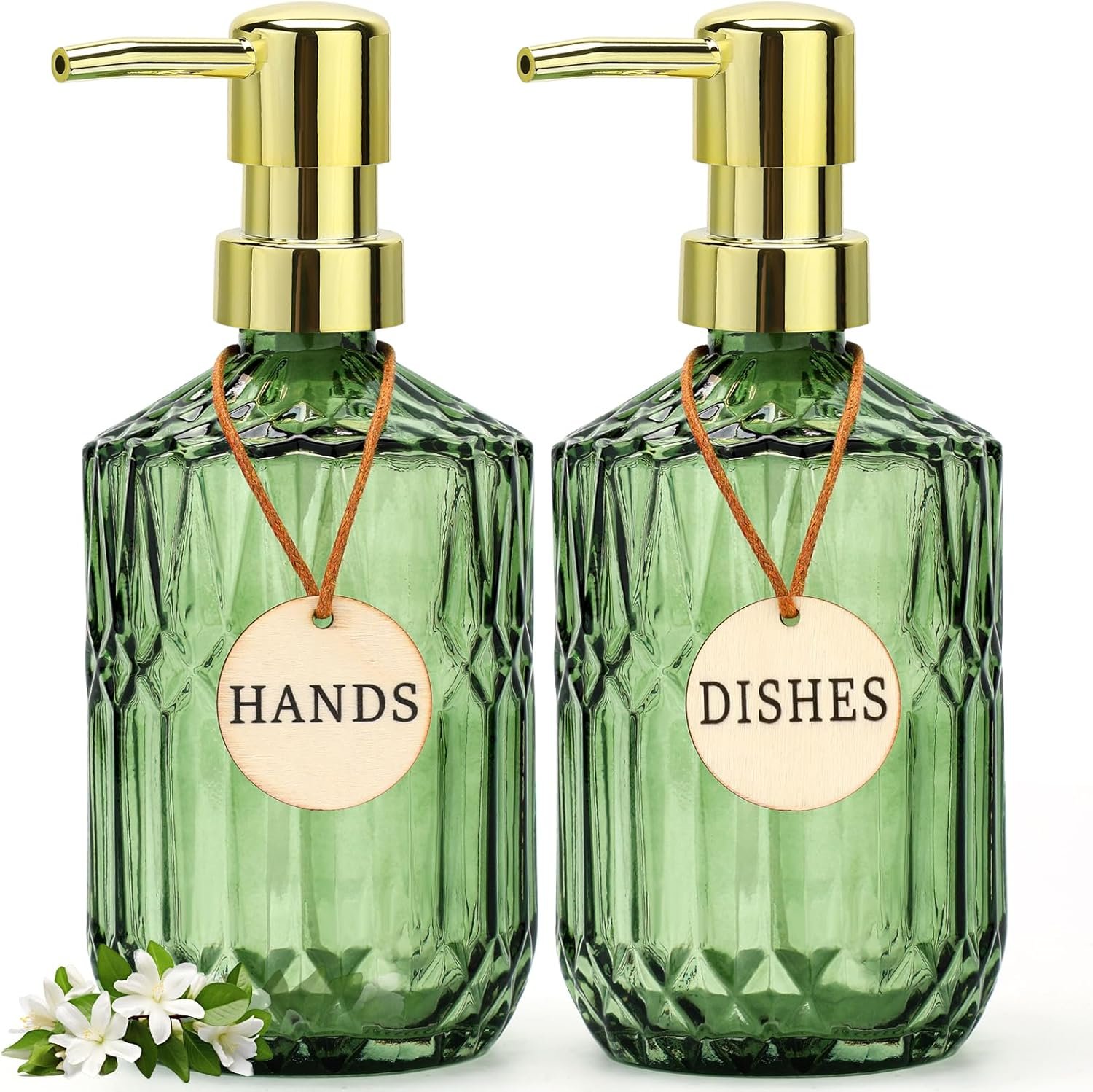 Green Glass Soap Dispenser (15.4 Oz, 2 Pack), Kitchen Hand and Dish Soap Dispenser Set with Golden Rust Proof Pump, Vintage Bathroom Hand Soap Lotion Dispensers