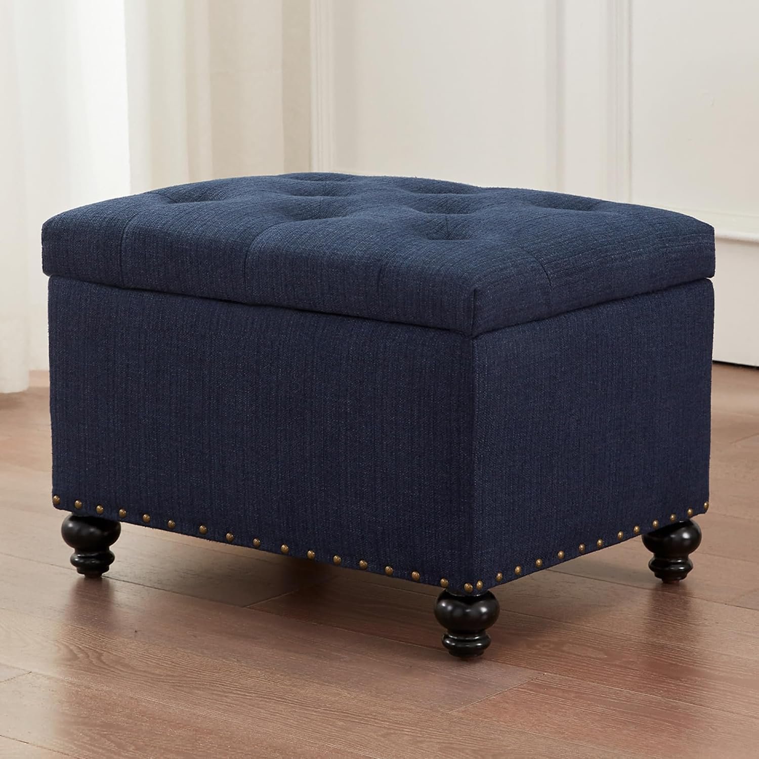 Zihanhome Small Ottoman with Storage, Upholstered Button Tufted Bench, 24″ Rectangle Storage Ottoman Foot Rest, Foot Stools, for Living Room, Bedroom, Corners, Dorms and Apartments (Dark Blue)