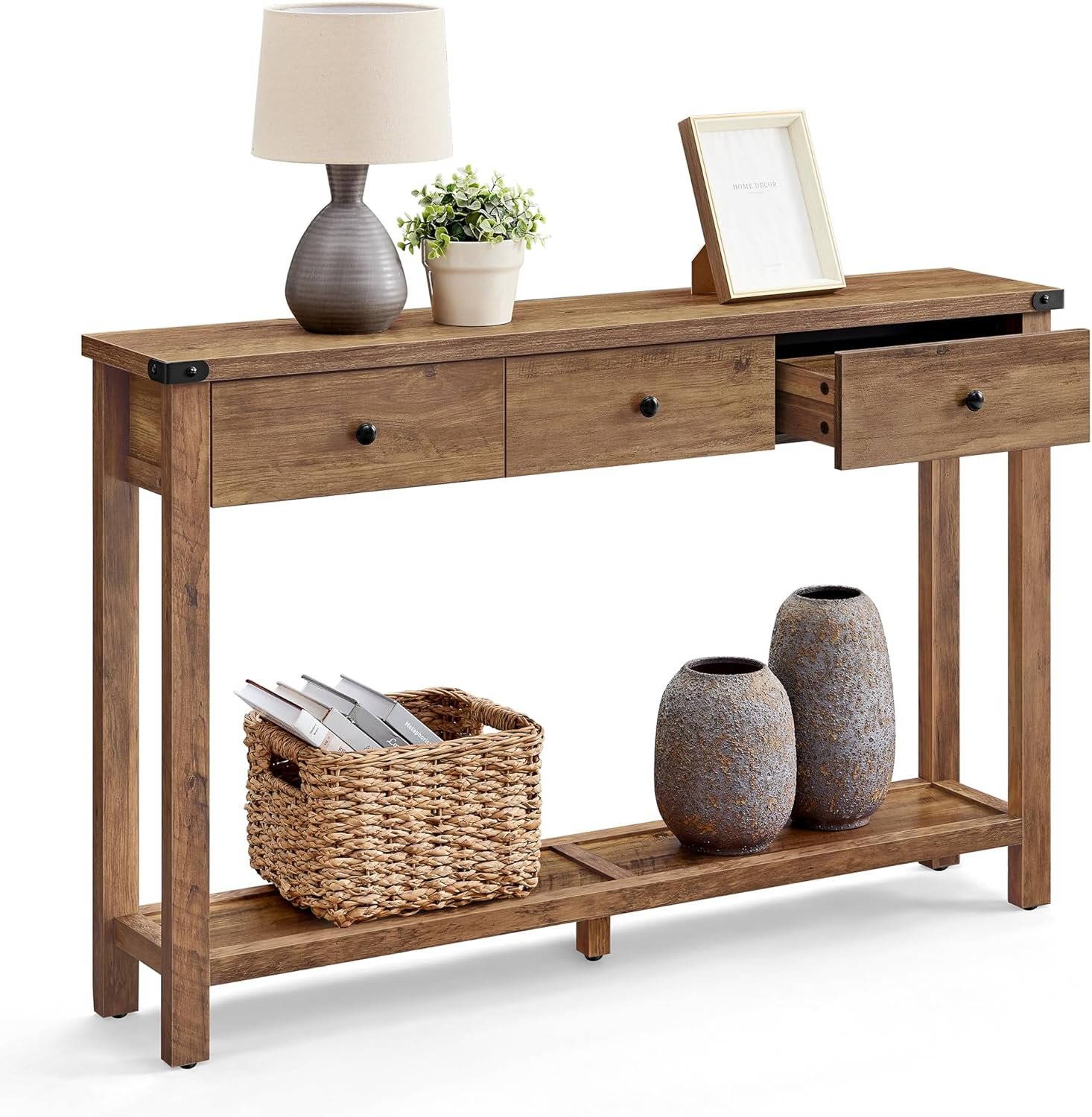 VASAGLE LIRY Collection – Console Table with 3 Drawers and Open Storage Shelf, Narrow Entryway Sofa Table for Living Room, Farmhouse Style, Metal Corners, Honey Brown ULNT142KB02S