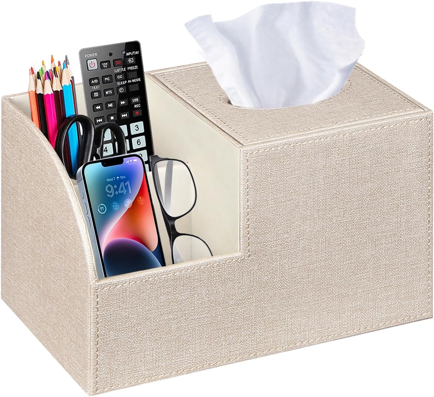 PU Leather Square Tissue Box Cover – Multi-Functional Tissue Box Holder, Tissue Box Cover with Storage,Tissue and Remote Control Holder, Cube Tissue Box Organizer Bedroom Nightstand End Table