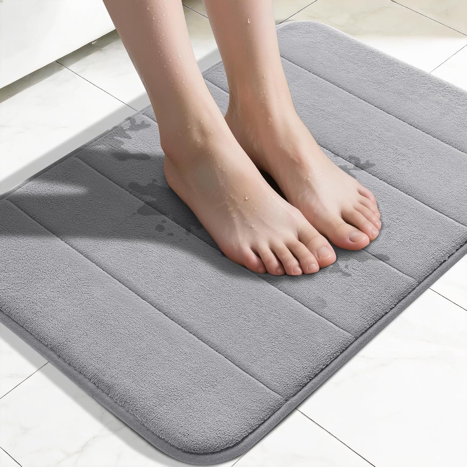 Yimobra Memory Foam Bath Mat, Super Soft Absorbent Bathroom Rug Non Slip, Quick Dry, Machine Washable Floor Carpet for Tub Shower, Home Decor Accessories, 24×17, Grey
