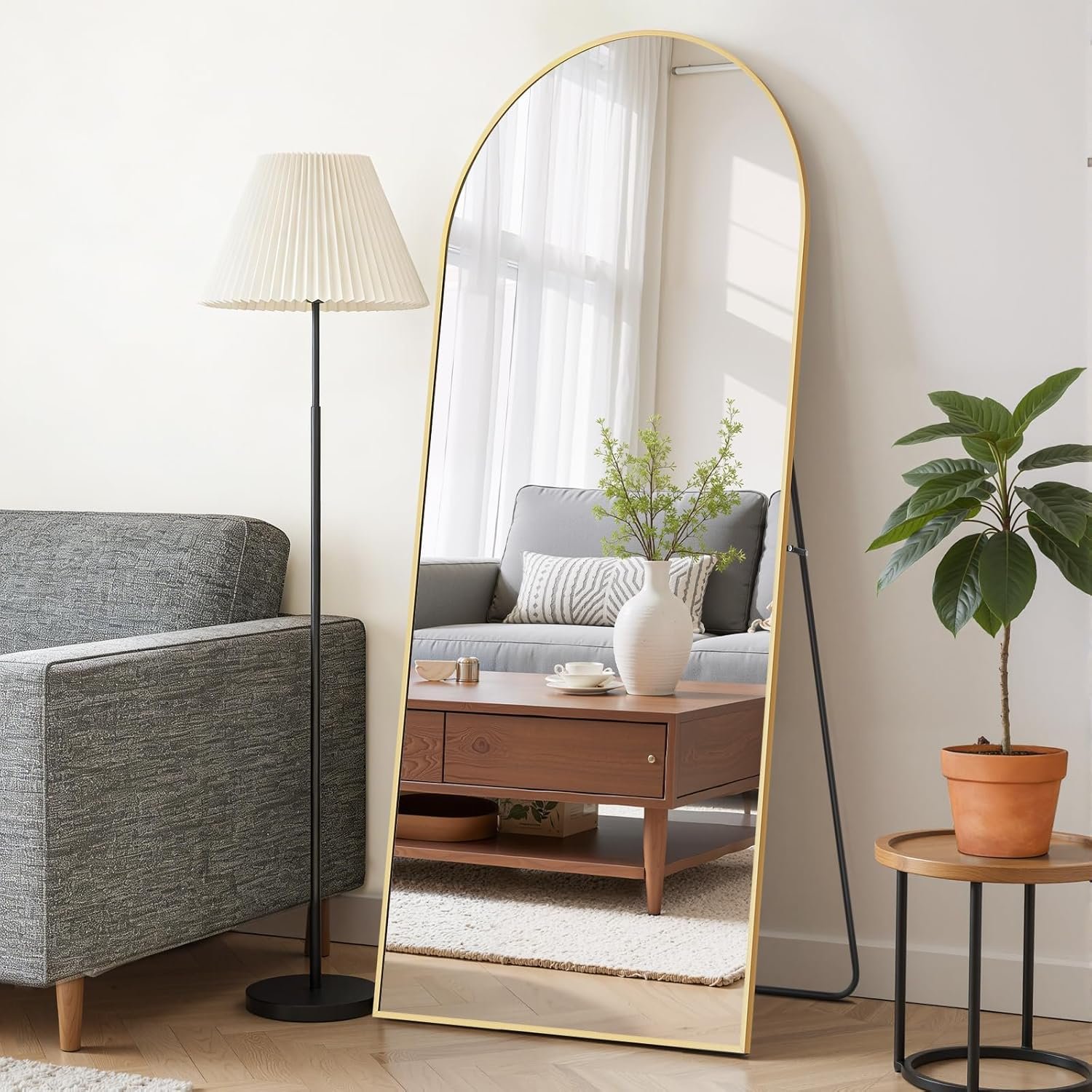 Mirror Full Length 64″x21″ Full Body Floor Mirror with Stand, Shatterproof Glass, Aluminum Alloy Frame, Free Standing Wall Mounted or Leaning Arched Mirrors for Bedroom Living Room Entryway