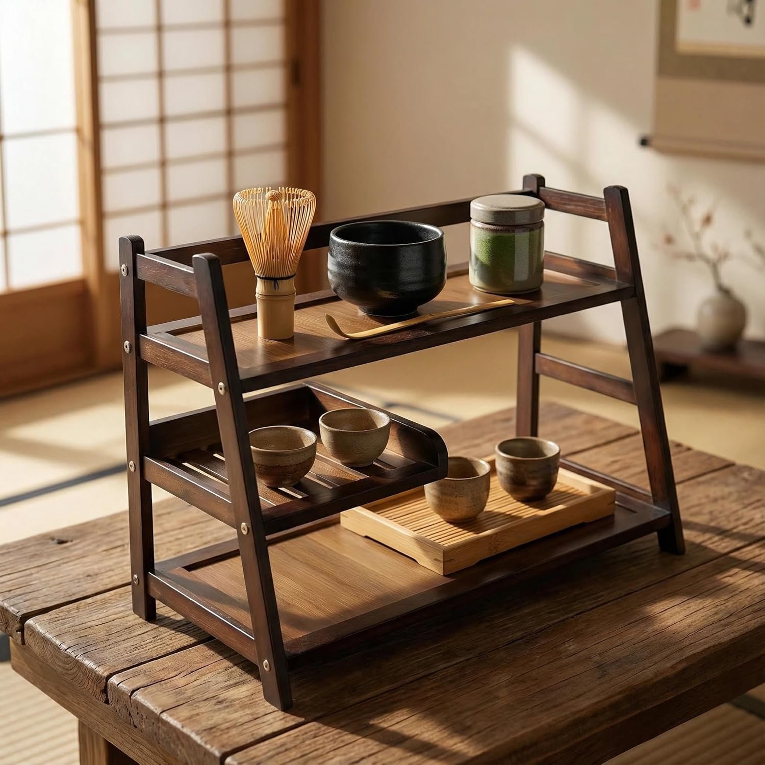 3 Tier Bamboo Matcha Station shelf, coffee station organizer Shelf for Kitchen Countertop, Tea station organizer – Matcha Powder, Tools & Cup Organizer for Matcha Lovers, Home Baristas.