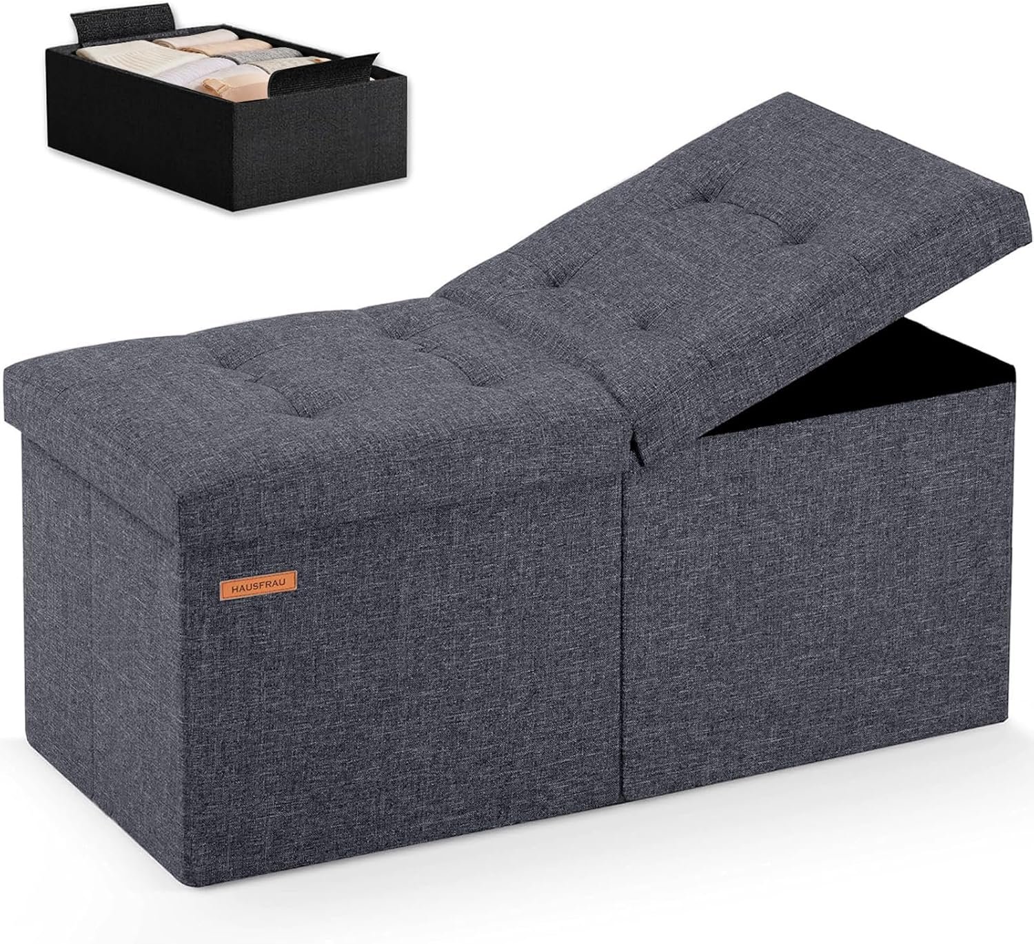 HAUSFRAU 31.5 Inches Ottoman with Storage, Folding Ottoman Bench Small Foot Rest Stool, Bedroom Bench with Flipping Lid, Linen Grey