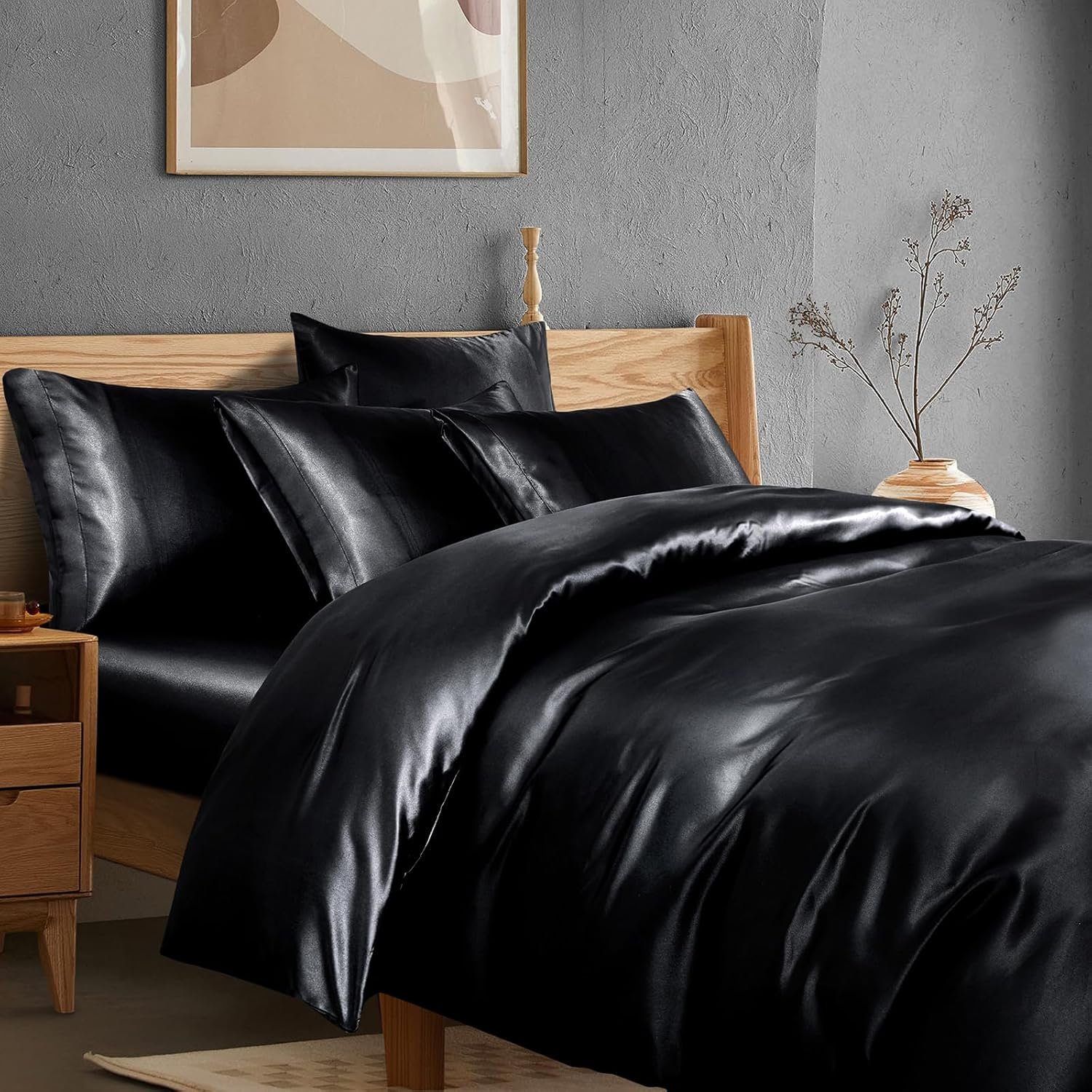 Manyshofu 6Pcs Black Satin Duvet Cover Set Queen Size with Satin Fitted Sheet – Not Comforter, Silky Comforter Cover Set Queen Duvet Covers and Sheets (4 Pillowcases, 1 Duvet Covers, 1 Fitted Sheet)