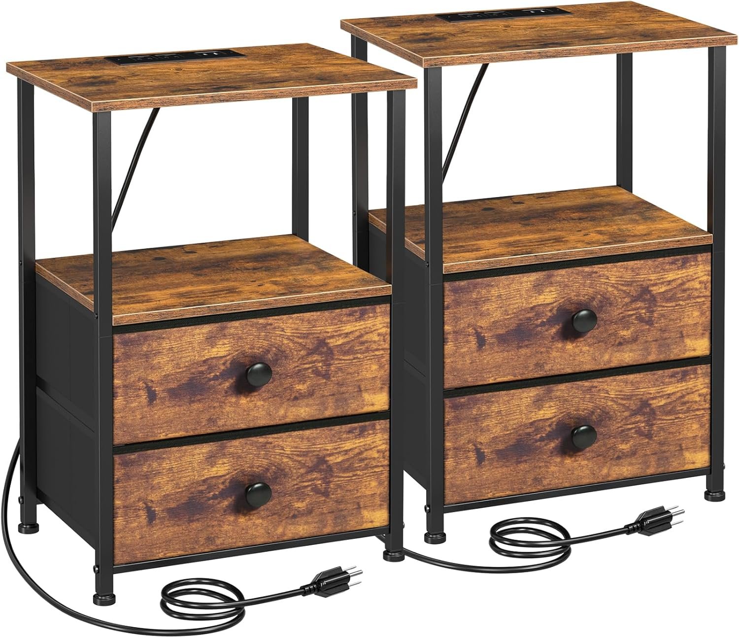 LOAKEKEL Night Stand Set 2, Nightstand with Charging Station, End Tables with Storage Shelf for Small Spaces, Bedside Table Side Tables with 2 Fabric Drawers for Bedroom, Rustic Brown, HETS020PBR