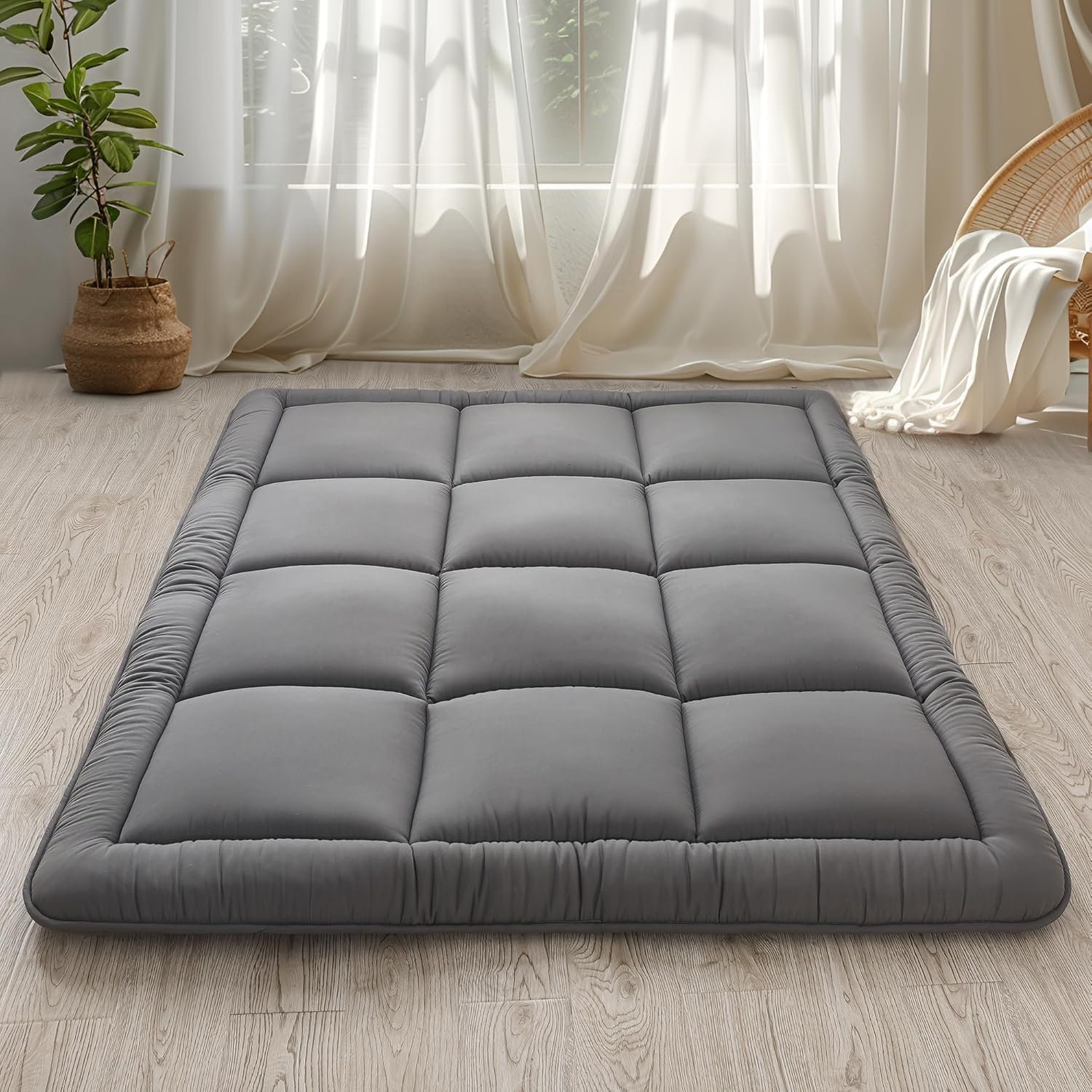 WhatsBedding Japanese Floor Mattress Futon Mattress 3″ Grey Tatami Mat Shredded Memory Foam Filled Sleeping Pad, Foldable & Portable Roll Up Lounger Camping Bed,39″x 80″ Twin Size