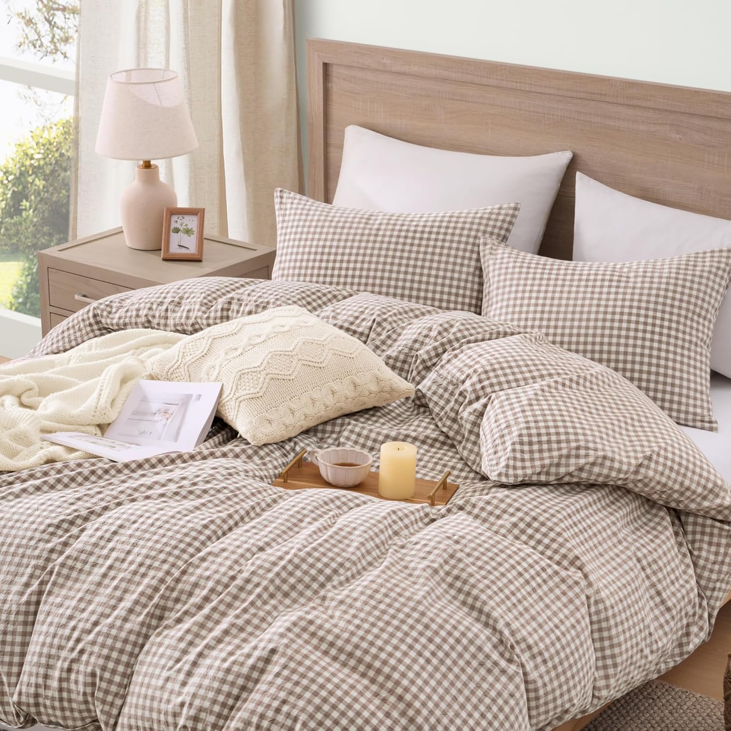 Andency Tan Gingham Duvet Cover King, 100% Wash Cotton Linen Like Textured Breathable Comforter Cover Set, 3 Piece Brown Classic Yarn-Dyed Checkered Plaid Bedding Set, 104″*90″