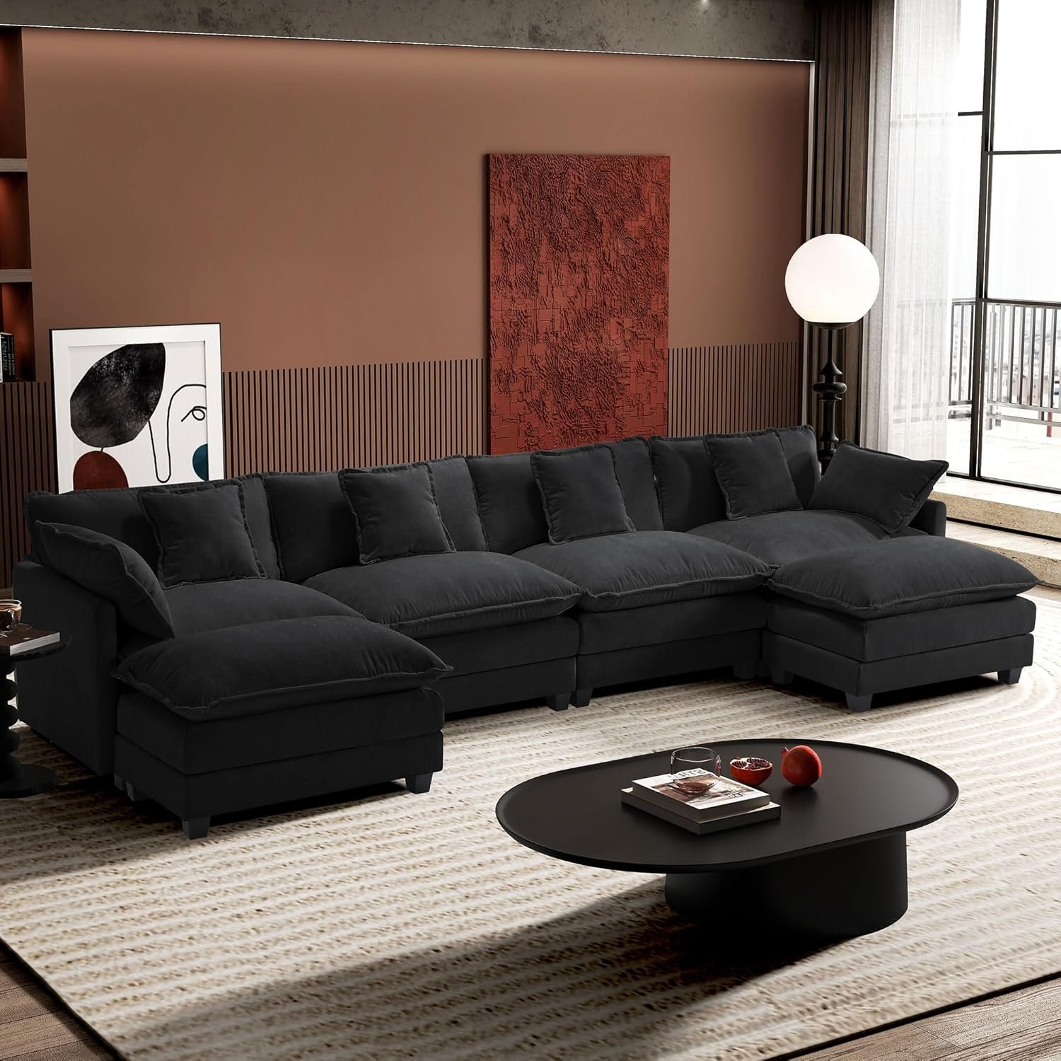 Ihanherry U-Shaped Modern Sofa 146″ Modular Sectional Cloud Couch with 2 Ottoman, 6-Seat Chenille Deep Seat Sofa with 6 Pillows for Living Room, Black