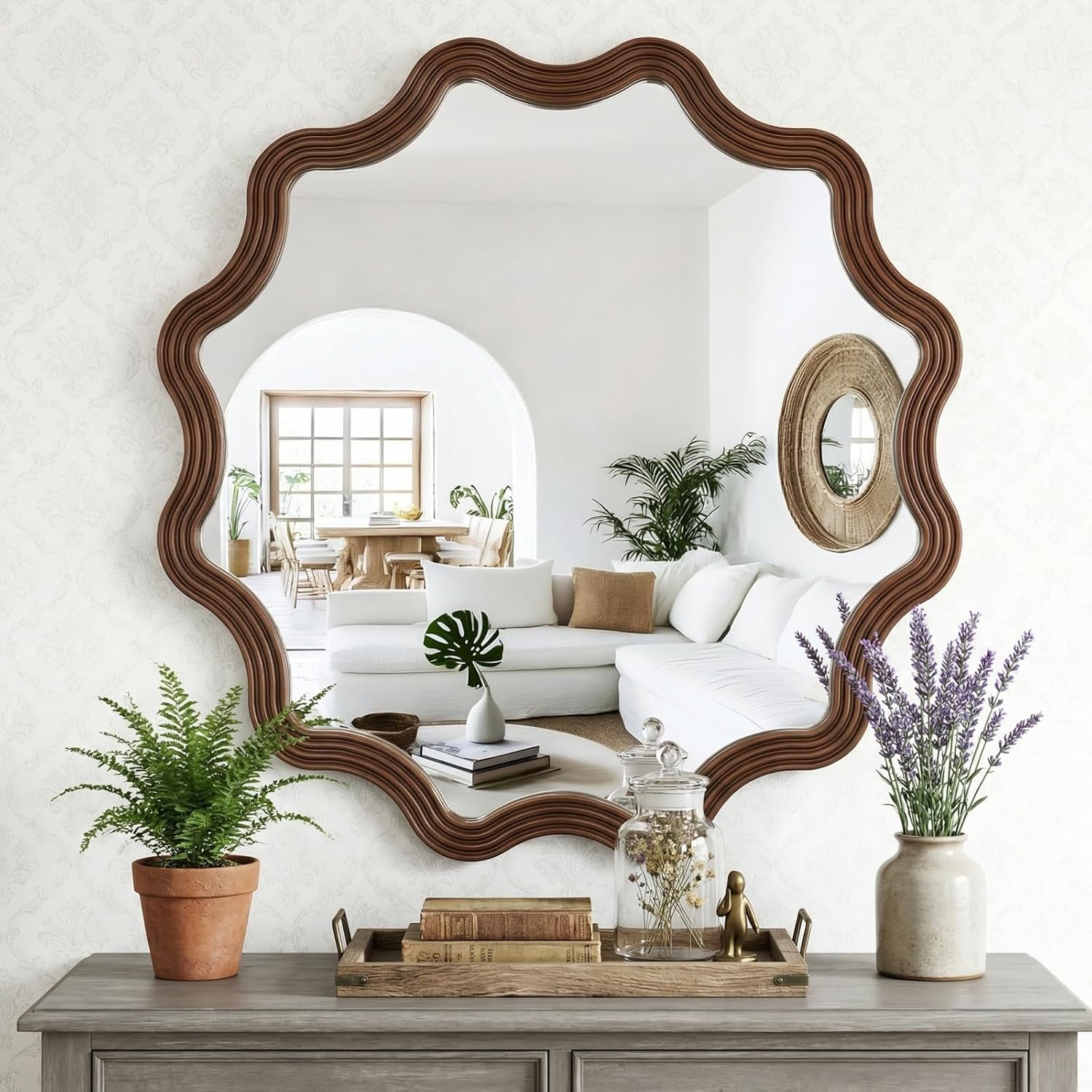 Farmhouse Wall Mirror – 31.5″ Wood Frame Round Rustic Wall Decorative Mirrors, Circle Scalloped Wavy Round Boho Accent Mirror for Living Room, Bedroom, Entryway, Hallway, Fireplace (Walnut)