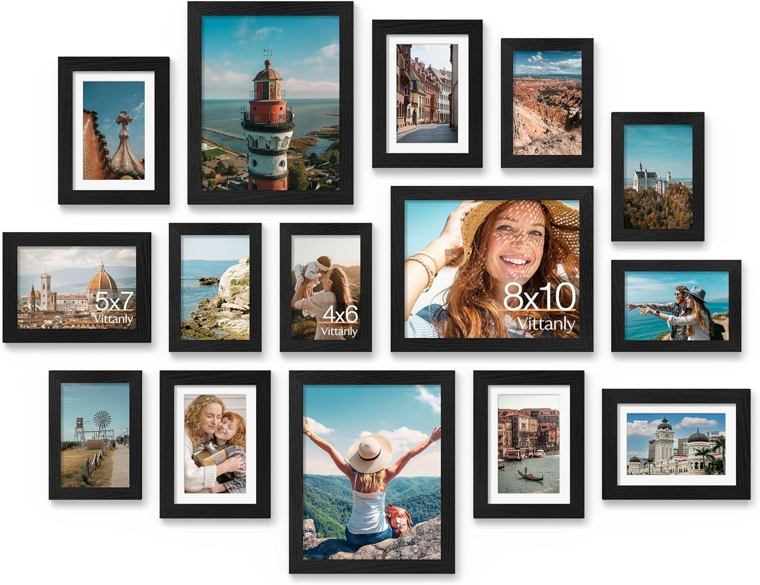 Vittanly 15 Pack Picture Frames Collage Wall Decor for Mounting or Tabletop Display, Gallery Frame Set for Family, Multi Sizes Including 3pcs 8×10, 6pcs 5×7, 6pcs 4×6, Black