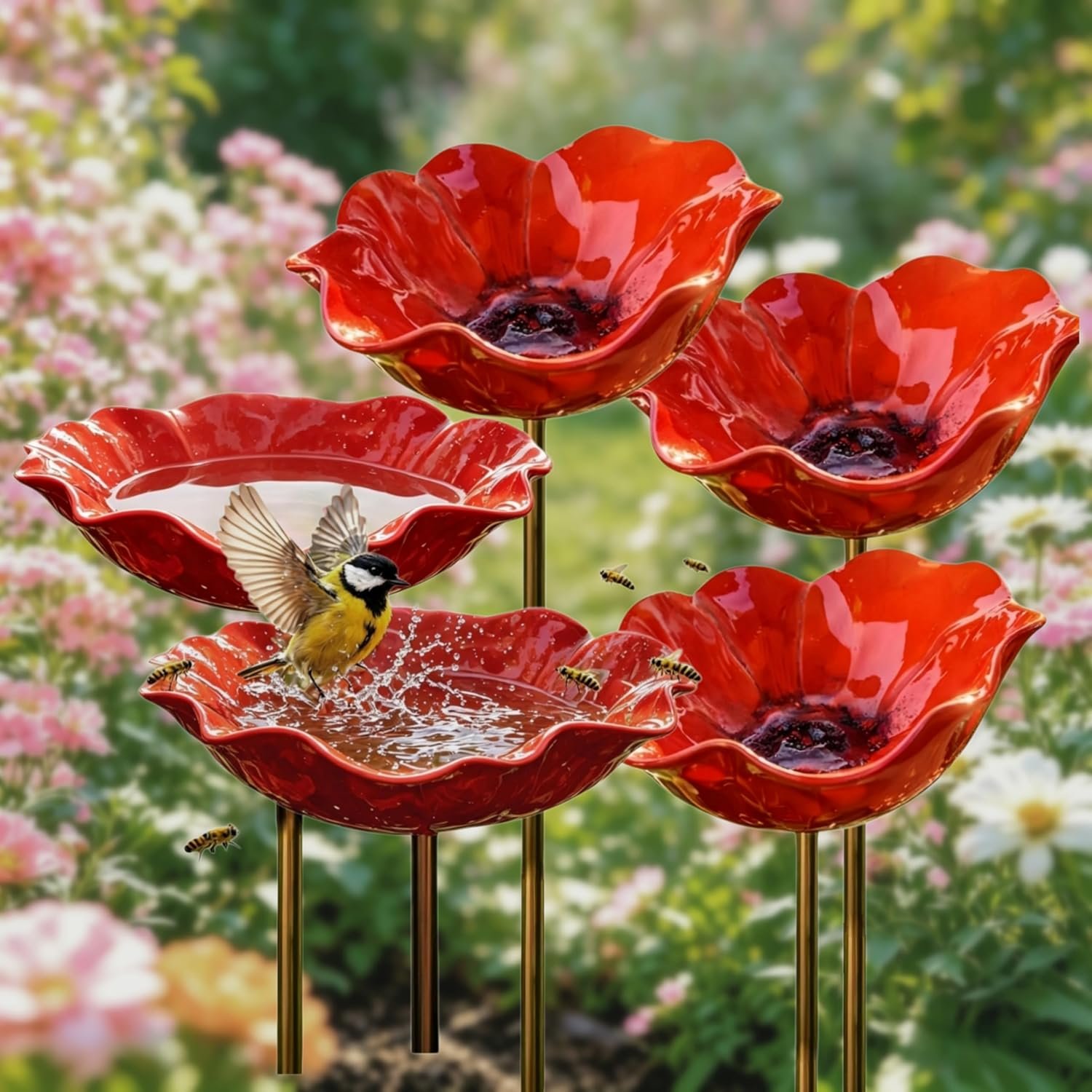 Metal Flower Garden Stakes Bird Bath Handmade, Bee Watering Station, Bees Bath for Garden Bee Water Feeder Flower Design, Colorful Butterfly Bees Bath Bowl for Outdoor Yard Decor (A-Red Five Pcs)
