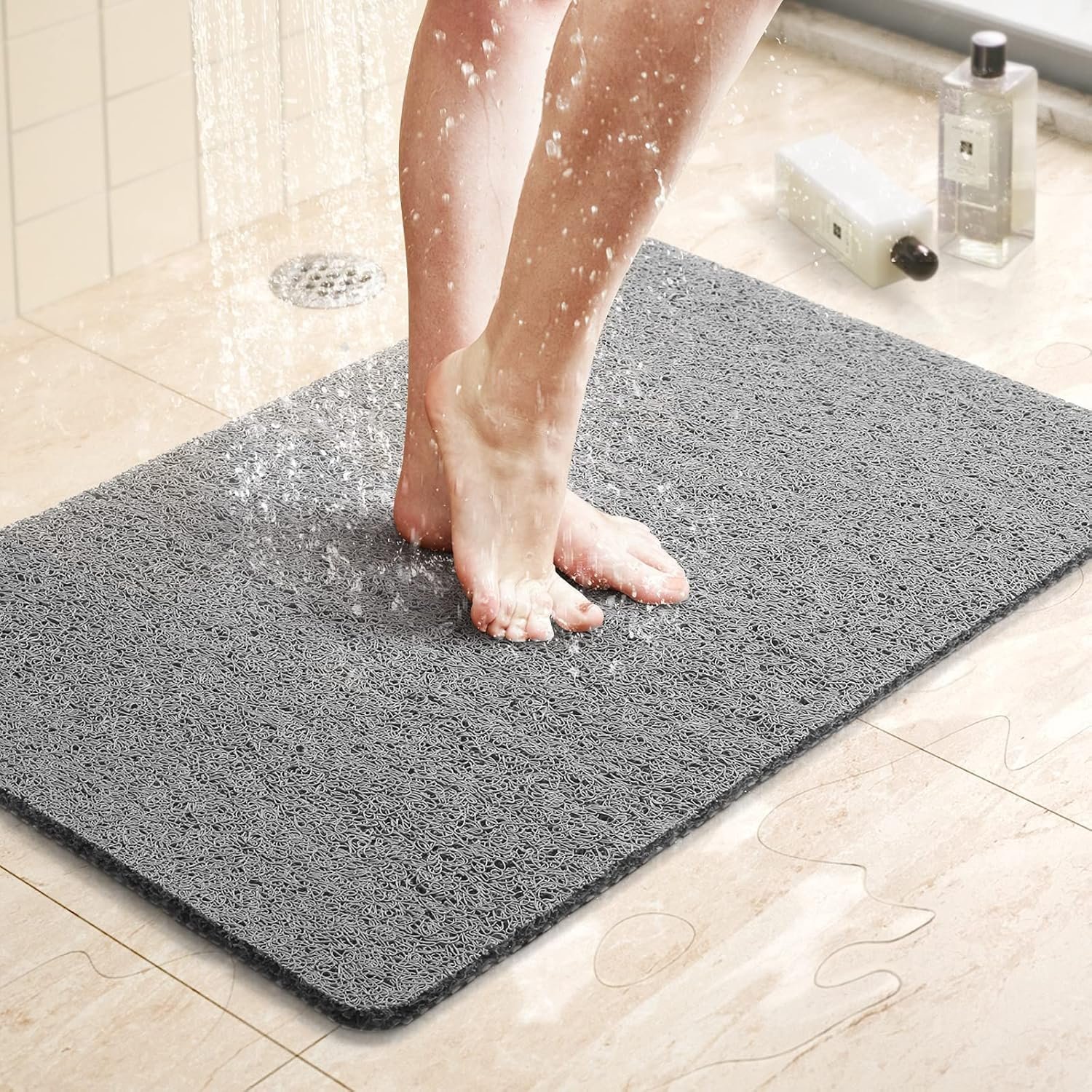 LuxStep Shower Mat Bathtub Mat,24×16 inch, Non-Slip Bath Mat with Drain, Quick Drying PVC Loofah Bathmat for Tub,Shower,Bathroom (Phthalate Free,Grey)