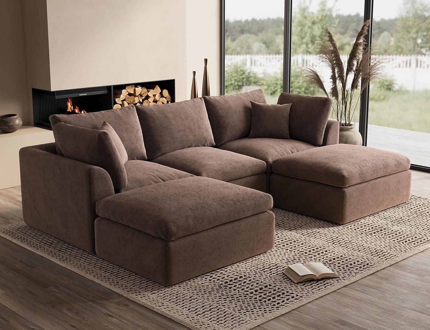 ohllob 110″ Cloud Sectional Couches for Living Room, Boneless U Shaped Couch with Ottoman, 3 Seater Modular Sectional Sofa, Brown