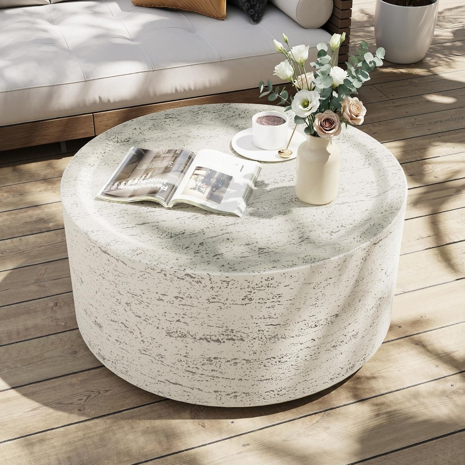 UPHA 28″ Round Outdoor Coffee Table, Modern Hollow Concrete Patio Table, Small Minimalist Low Accent Table for Living Room, Balcony, Deck, Backyard, Off-White