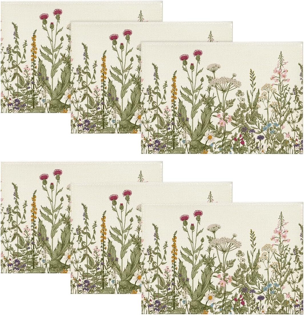 Artoid Mode Antique Herbs and Wild Flowers Spring Placemats Set of 6, 12×18 Inch Seasonal Summer Table Mats for Party Kitchen Dining Decoration