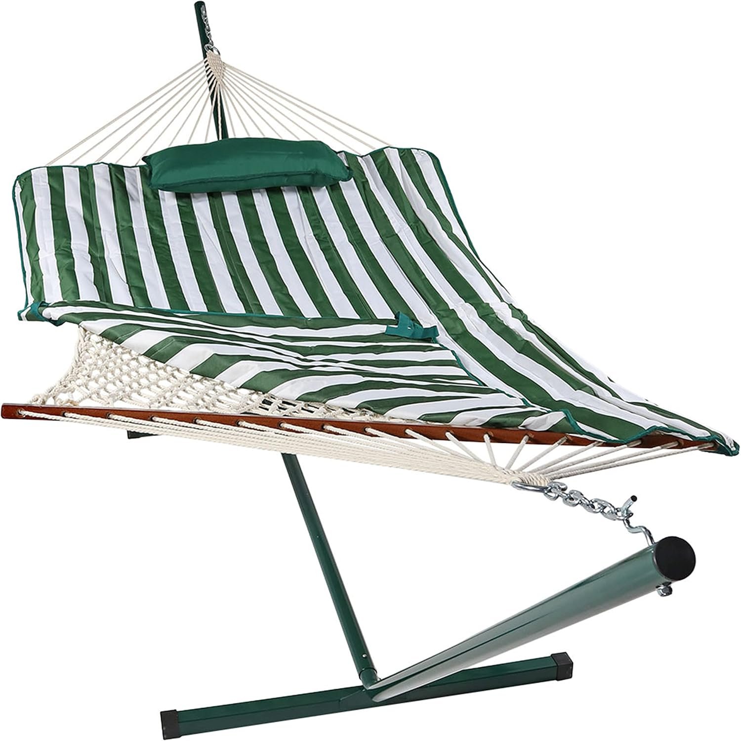 Sunnydaze Rope Hammock with Stand for Outside – Heavy Duty Freestanding Portable Outdoor Hammock Set with Quilted Pad, Pillow, and 12-Foot Steel Frame – 275 lb Capacity – Green & White Stripe