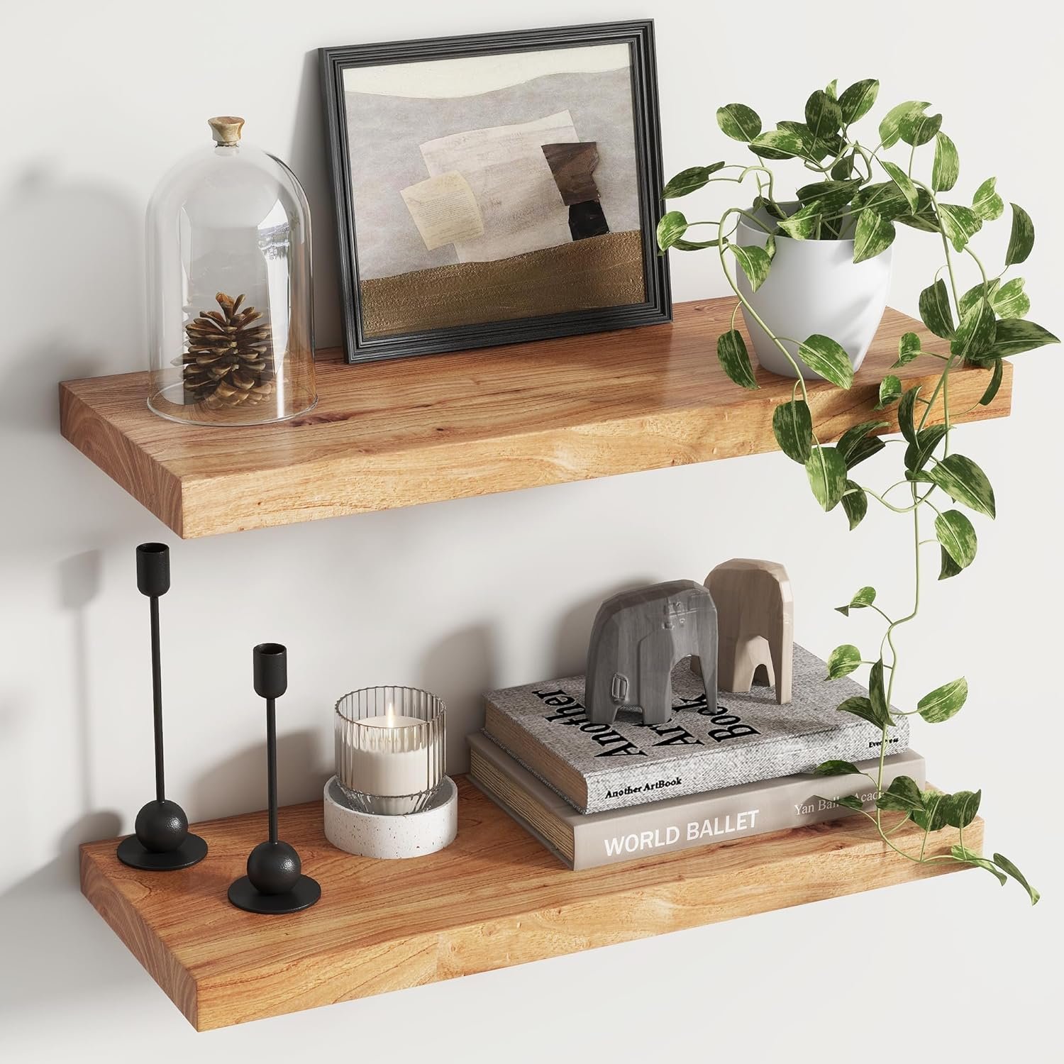 Venusmiles Floating Shelves for Wall, 9.2 Inch Deep Reclaimed Elm Wood Wall Shelves with Invisible Bracket for Living Room Bedroom Kitchen Bathroom Decor, 24 Inch Wide, Set of 2, Natural Finish