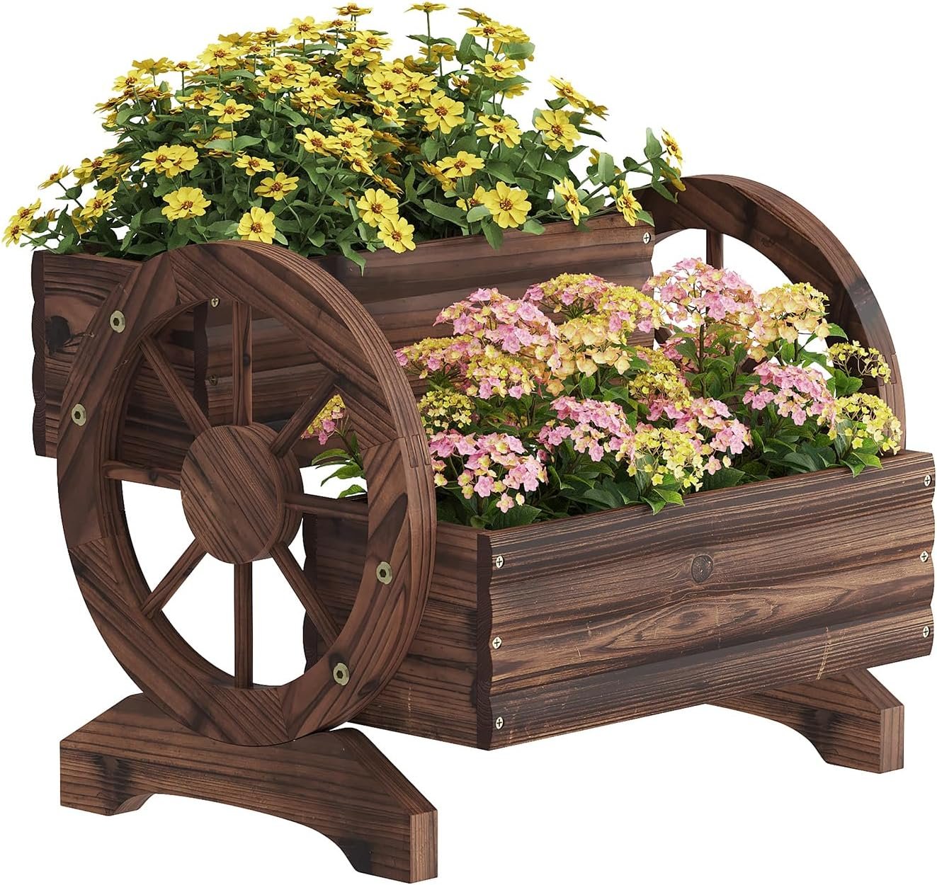 Wooden Wagon Planter Flower Cart Farm Stand Garden Decor Planter for Outdoor Patio Balcony Decoration,Rustic Farmhouse Wishing Well Decor Succulent Planter Indoor Backyard (Carbonized)