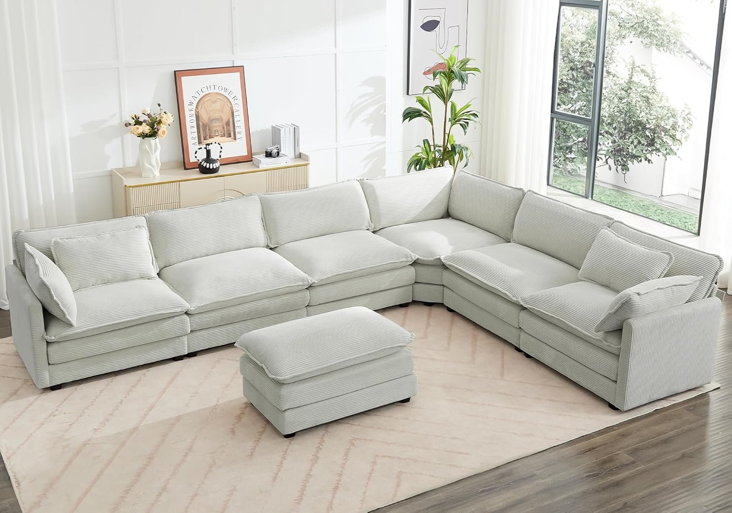 ROWHY 150” Modular Sectional Corner Cloud Couch, 7 Seater Sofa Big Comfy Corduroy V Shaped Couch with 4 Throw Pillows, Movable Ottoman, Couches for Living Room Office Light Grey