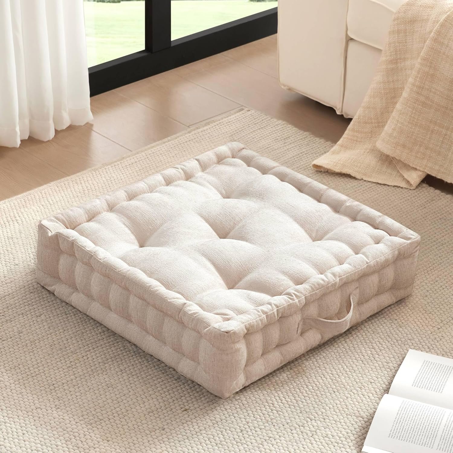 Intelligent Design Large Floor Pillow for Adults Yoga or Meditation Cushion with Handle, Floor Cushion for Board Games, Lustrous Chenille Tufted, Handsewn Scalloped Edge, Azza, 24″ x 24″ x 5″ Ivory