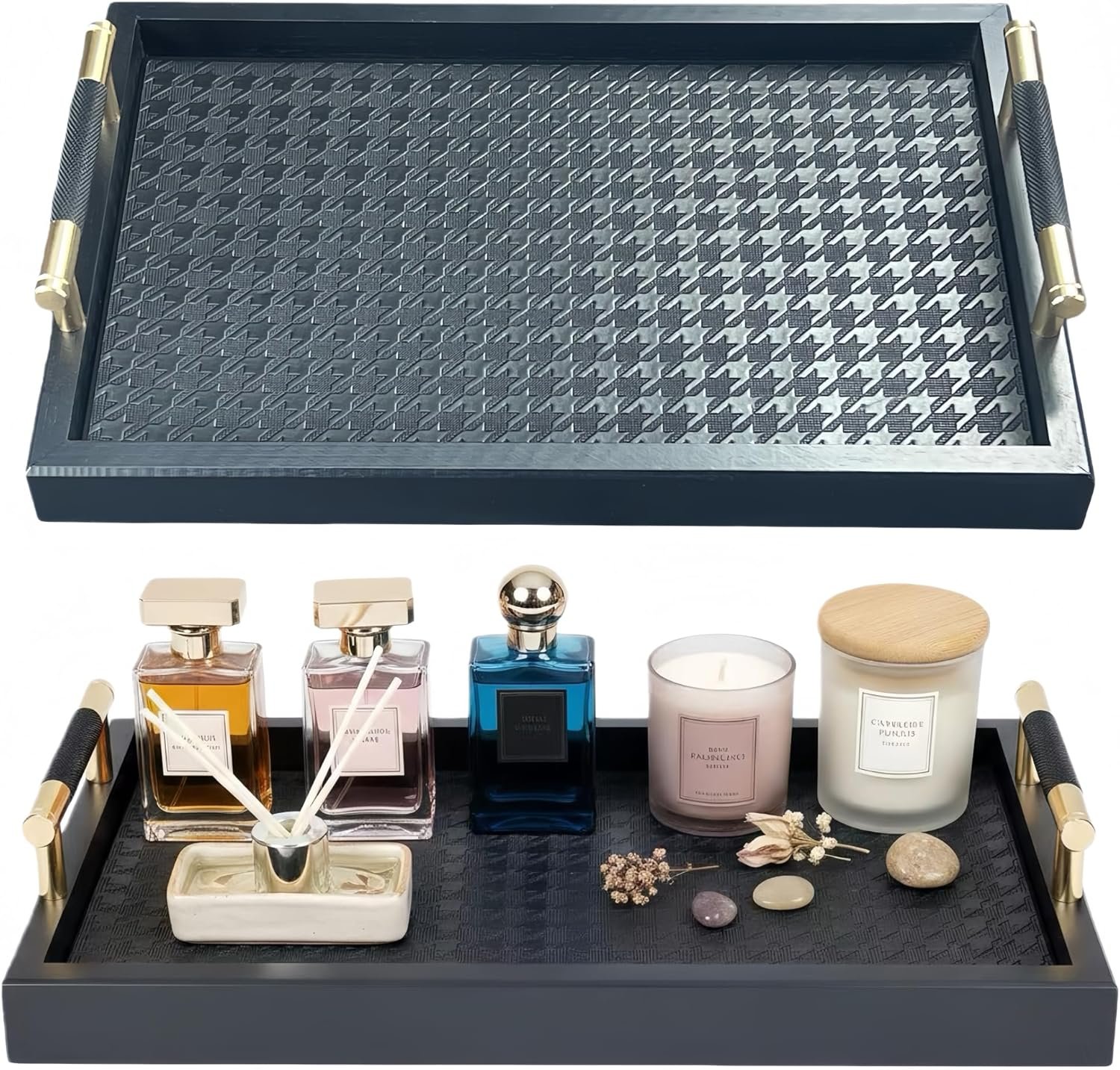 Bamboo Vanity Tray for Dresser -13.4″x8.7″ Cologne Tray with Handles, Black Gold Trinket Tray for Perfume, Jewelry, Watch, Key – Bathroom Tray with Leather Mat for Countertop, Living Room, Bedroom