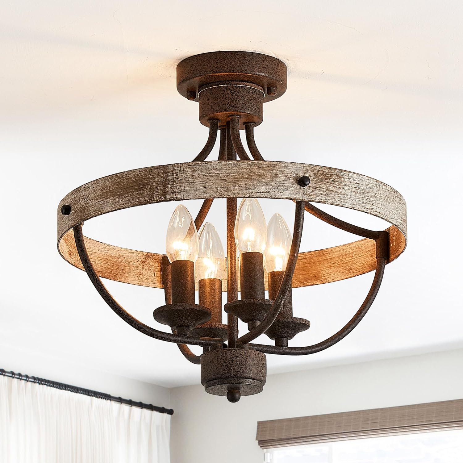 15.4″ Farmhouse Semi Flush Mount Ceiling Light, 4-Light Rustic Wood Grain & Metal Ceiling Lamp, Industrial Round Drum Light Fixture for Kitchen Island, Dining Room, Entryway, E12 Base