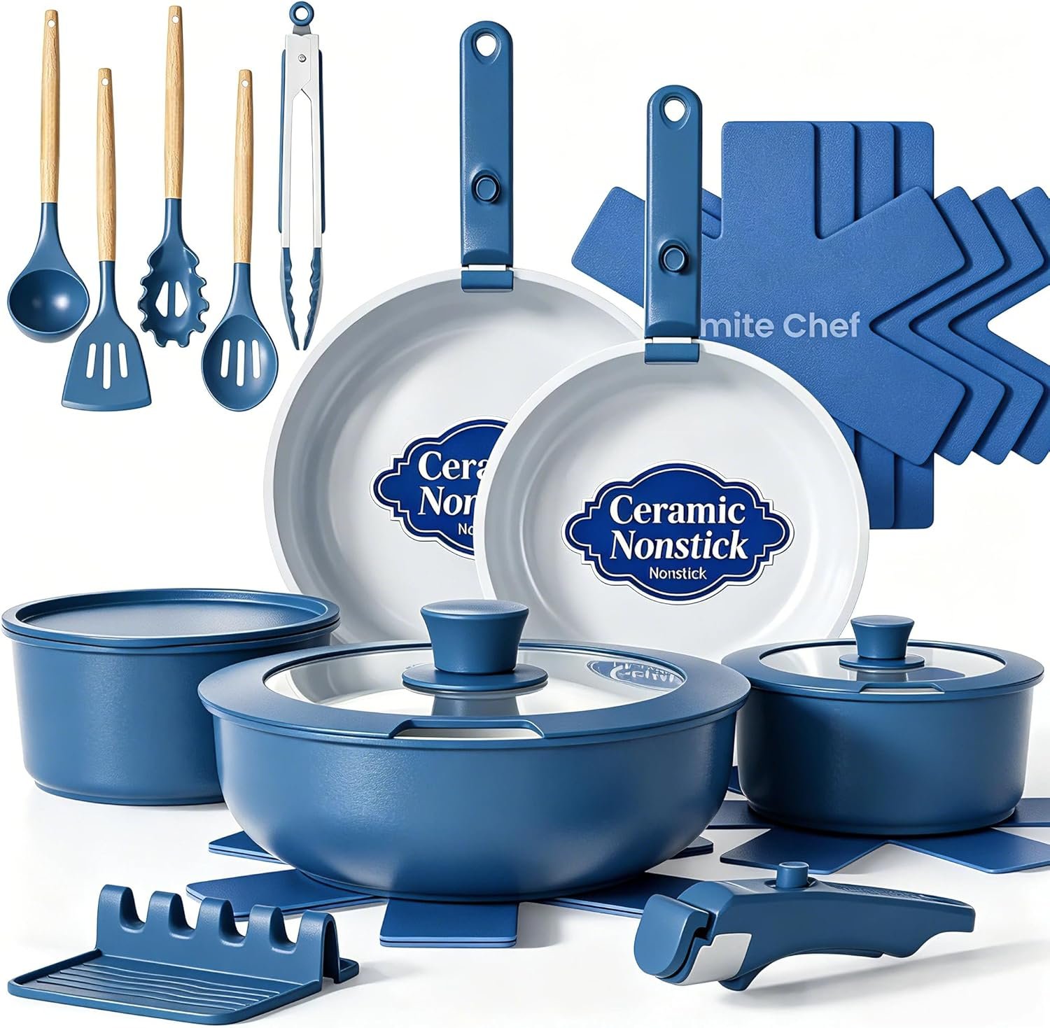 Umite Chef Pots and Pans Set Non Stick, 21 pcs Ceramic Cookware Set with Detachable Handles, Healthy Induction Cookware Oven Safe RV Kitchen Cooking Set with Utensils, PFAS PFOA & PTFE Free, Navy