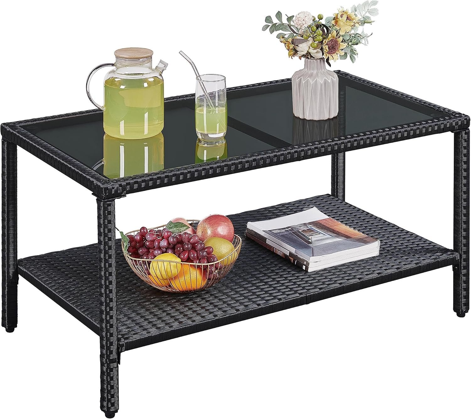 Yaheetech Outdoor Wicker Coffee Side Table, All-Weather Rattan Patio Storage Furniture with Tempered Glass Top for Garden, Black