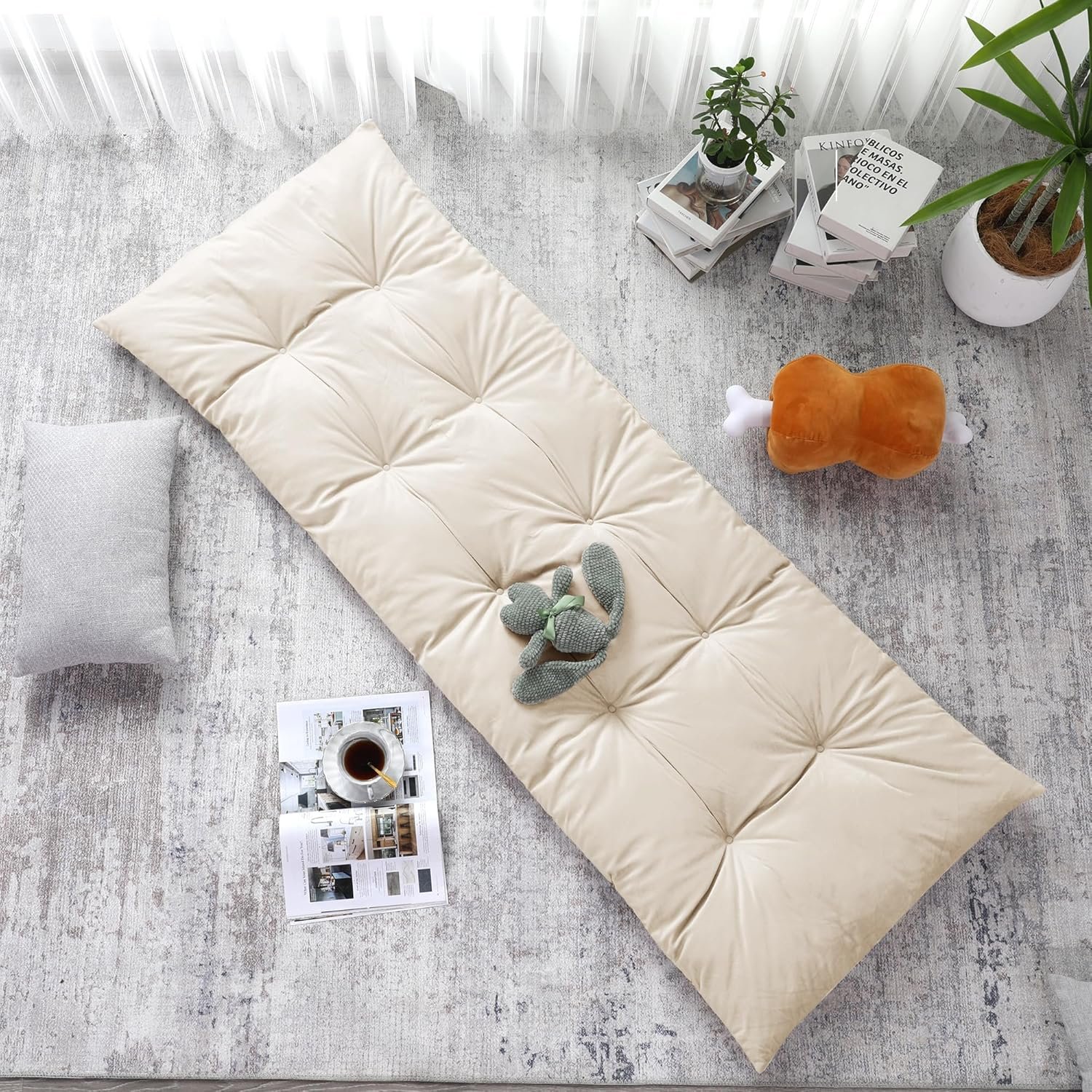 HOMBYS Floor Lounger Pillow Foldable and Tufted Design Long Floor Cushion for Yoga, Reading, Sleeping, Meditation, Elastic Band for Roll Up and Easy Storage, Machine Washable (Beige, 62″x27″)