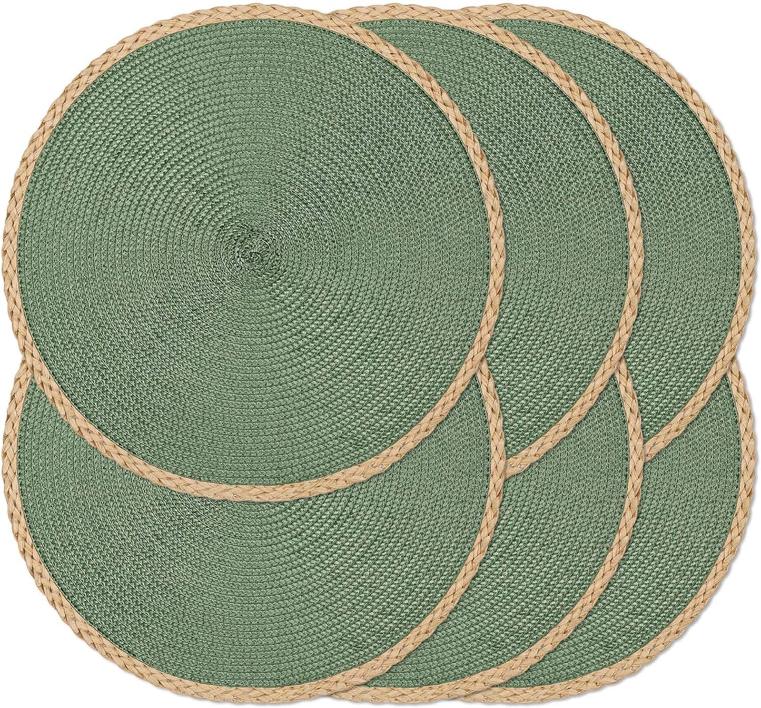Noctiflorous Braided Round Placemats Set of 6, 15 Inch Woven Table Mats, Non-Slip Washable Thin Edge Place Mats for Kitchen Dining Table Decor (Green, 6)