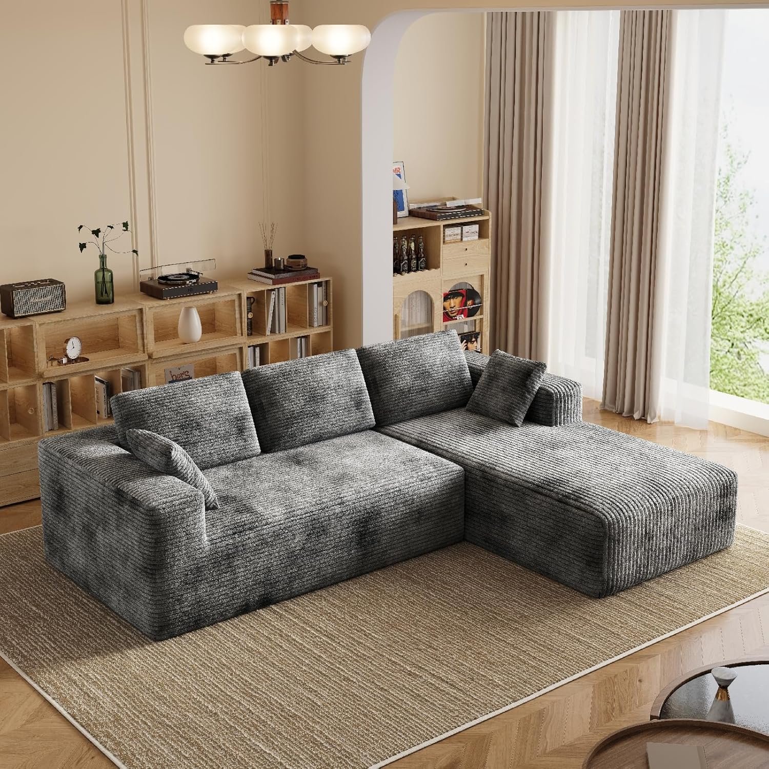 106″ Corduroy Sectional Couch, Boneless L Shaped Couch with Deep Seat, Cloud Foam Sofa with Oversized Chaise, Sectional Sofa No Assembly Needed for Living Room