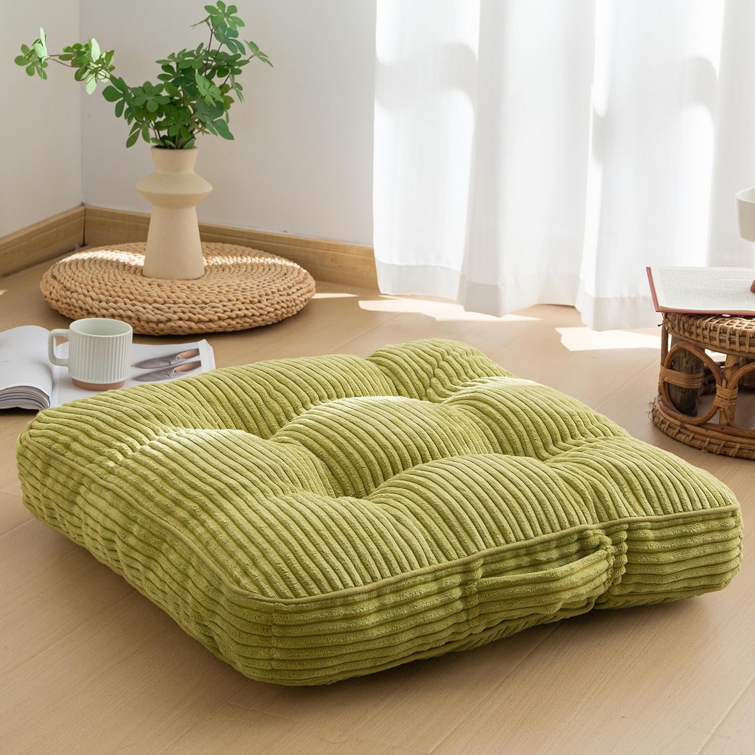 HIGOGOGO Floor Pillow Cushion for Adults, Meditation Cushion Pillow, Large Square Floor Sitting, Tufted Corduroy Cover, for Tatami Living Room or Yoga, 22×22 Inch, Green
