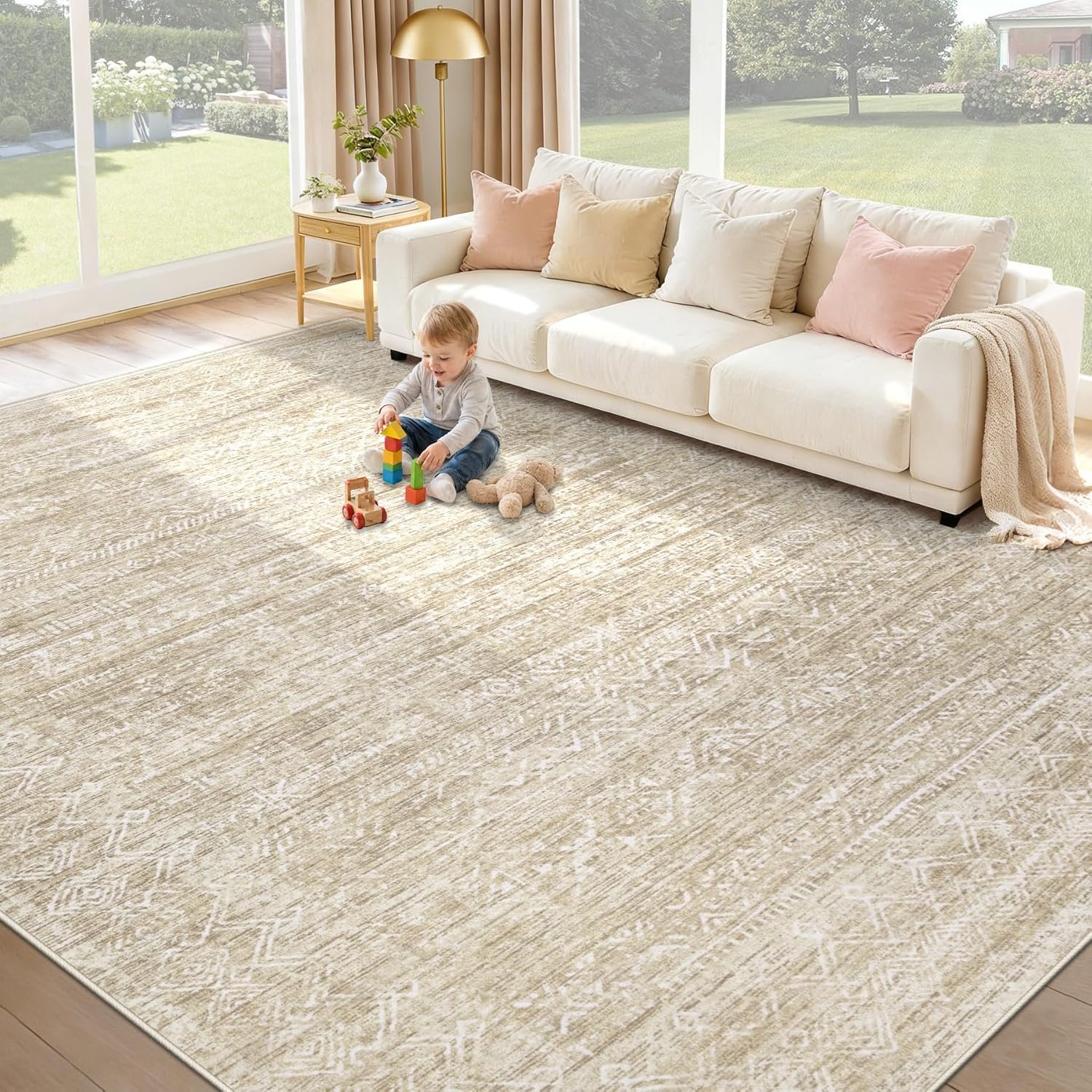 Washable Rug 8×10 Area Rugs: Modern Geometric Rugs for Living Room Non Slip Soft Low Pile Moroccan Indoor Carpet for Bedroom Nursery Dining Room Home Office Children’s Room (Beige, 8’x10′)