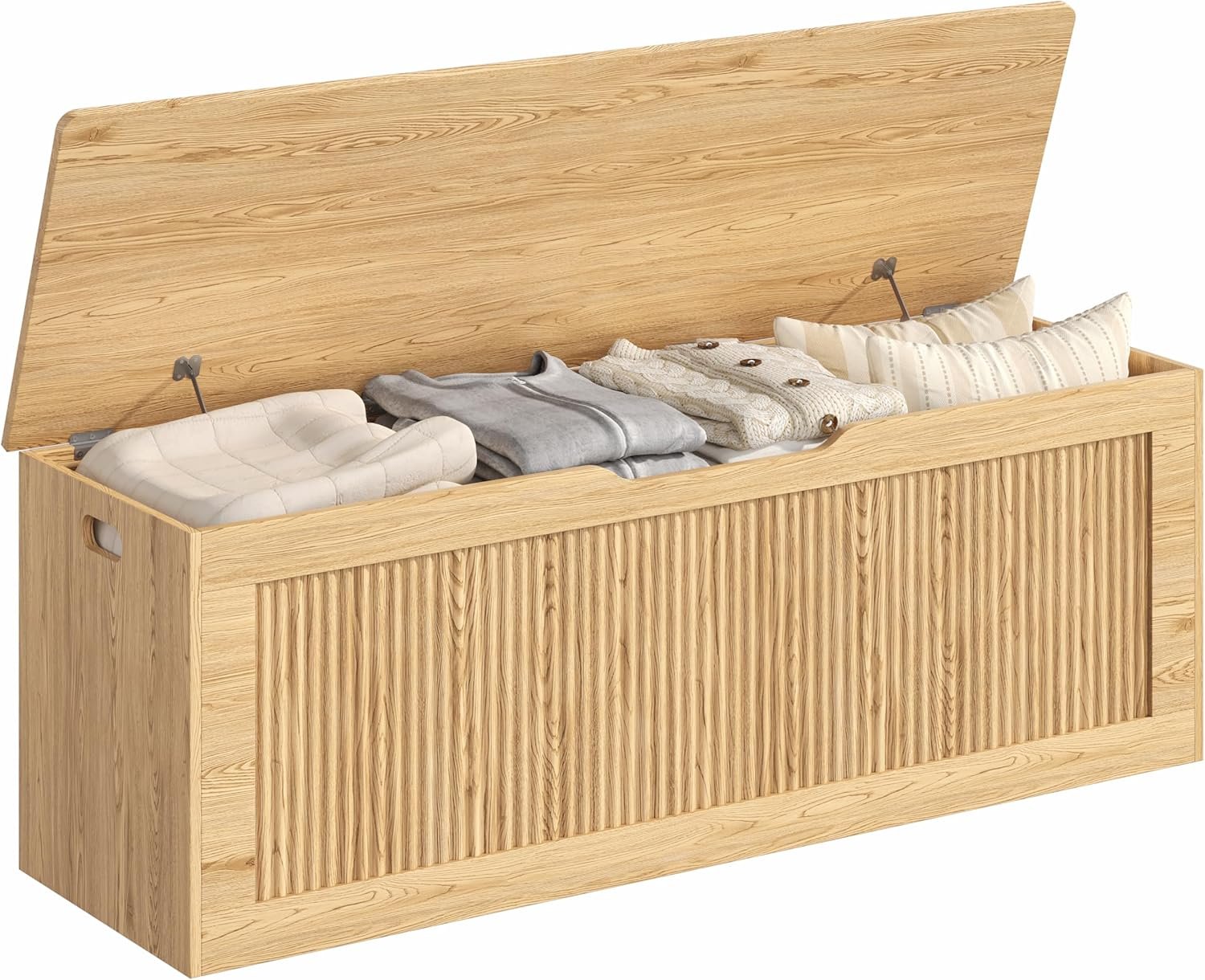 Akxomel Extra Large Fluted Storage Chest, 51.2″ Storage Bench with 2 Safety Hinges, Shoe Bench, Wooden Box Bench, Long Storage Trunk with Lift Top, for Bedroom, Living Room, Entryway, Natural Oak