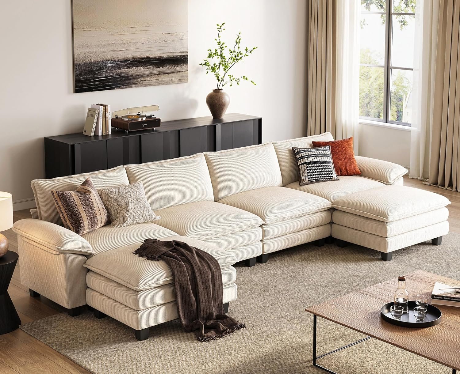 LINSY HOME 157″ Modular U-Shaped Sectional Sofa, 4-Seat Corduroy Modern Cloud Couch with Deep Seat & 2 Movable Ottoman, Perfect for Living Room, Office, Bedroom, Beige
