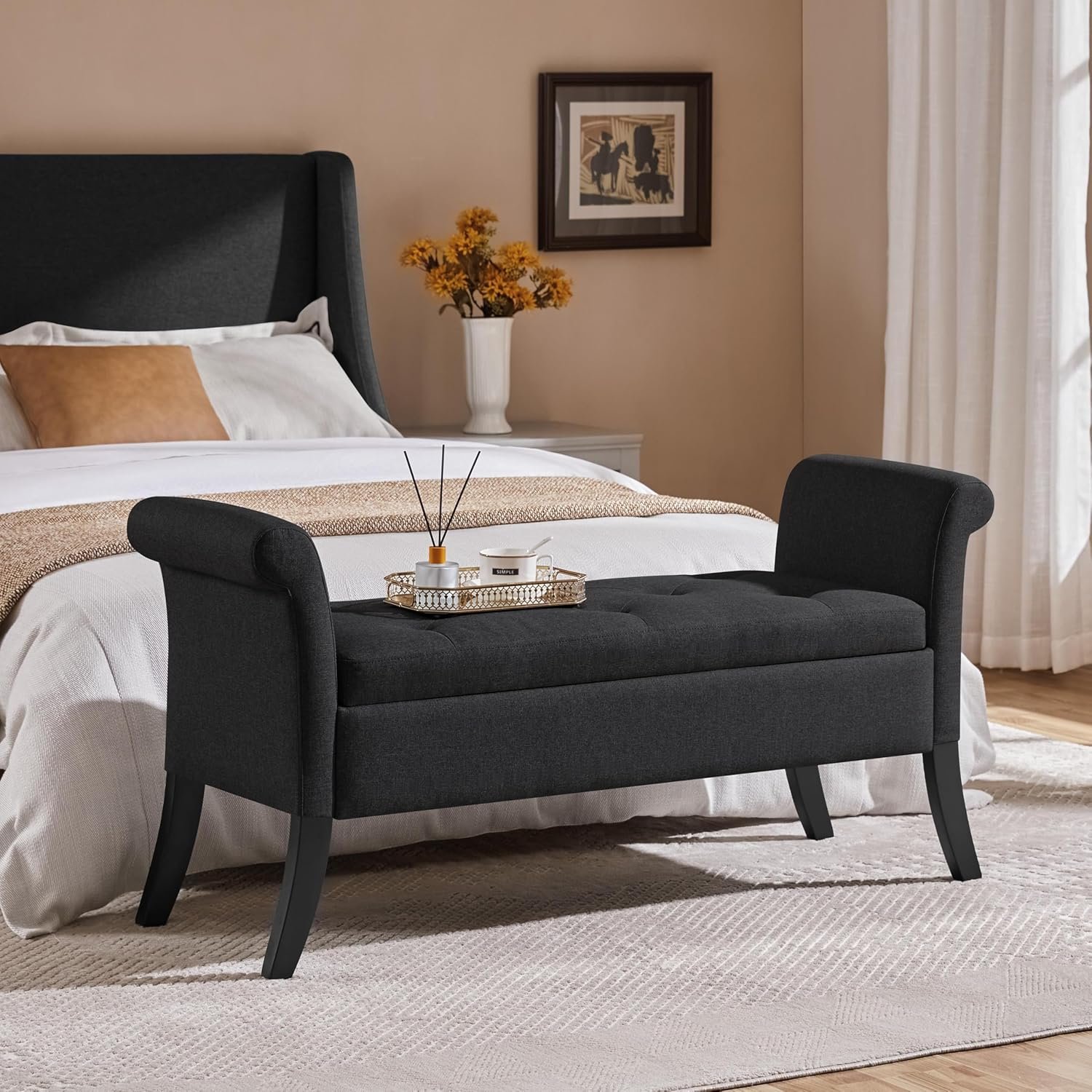 Yaheetech Ottoman with Storage, 52″ Storage Ottoman Bench with Safety Hinge, Upholstered Bench with Seating for Bedroom, Living Room, Holds up to 661 lb, Black