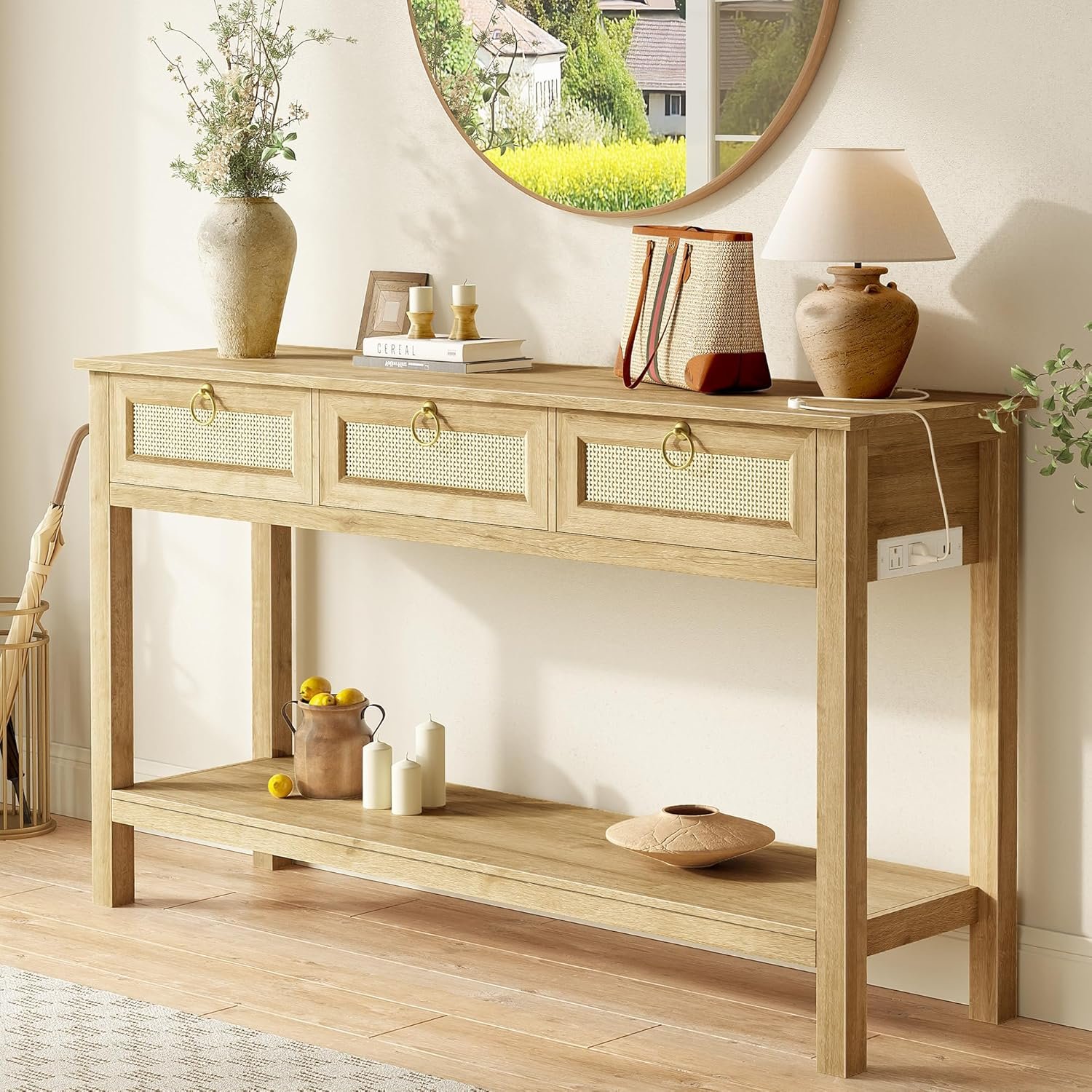 SUPERJARE Rattan Console Sofa Table with Outlets and USB-C Port, 3 Drawer Entryway Table with Synthetic Rattan Surface, Open Shelf, Behind Couch Entry Foyer Hallway Storage, Natural
