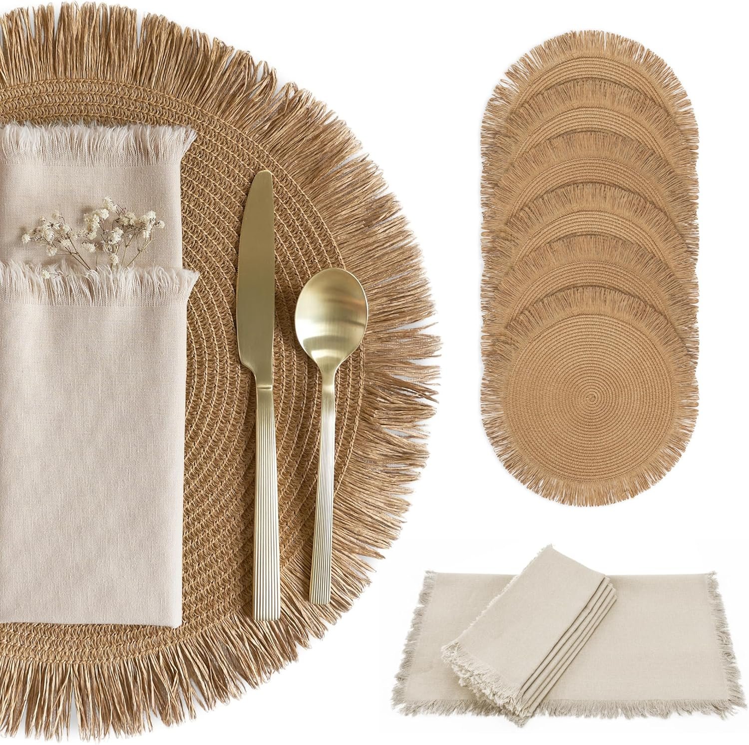 Decorative Boho Table Placemats Set of 6 with Matching Linen-Textured Napkins – Beautiful Natural Decor Elevates Your Dining Room or Kitchen Setting – Easy to Style & Mix with Linen Inspired Material