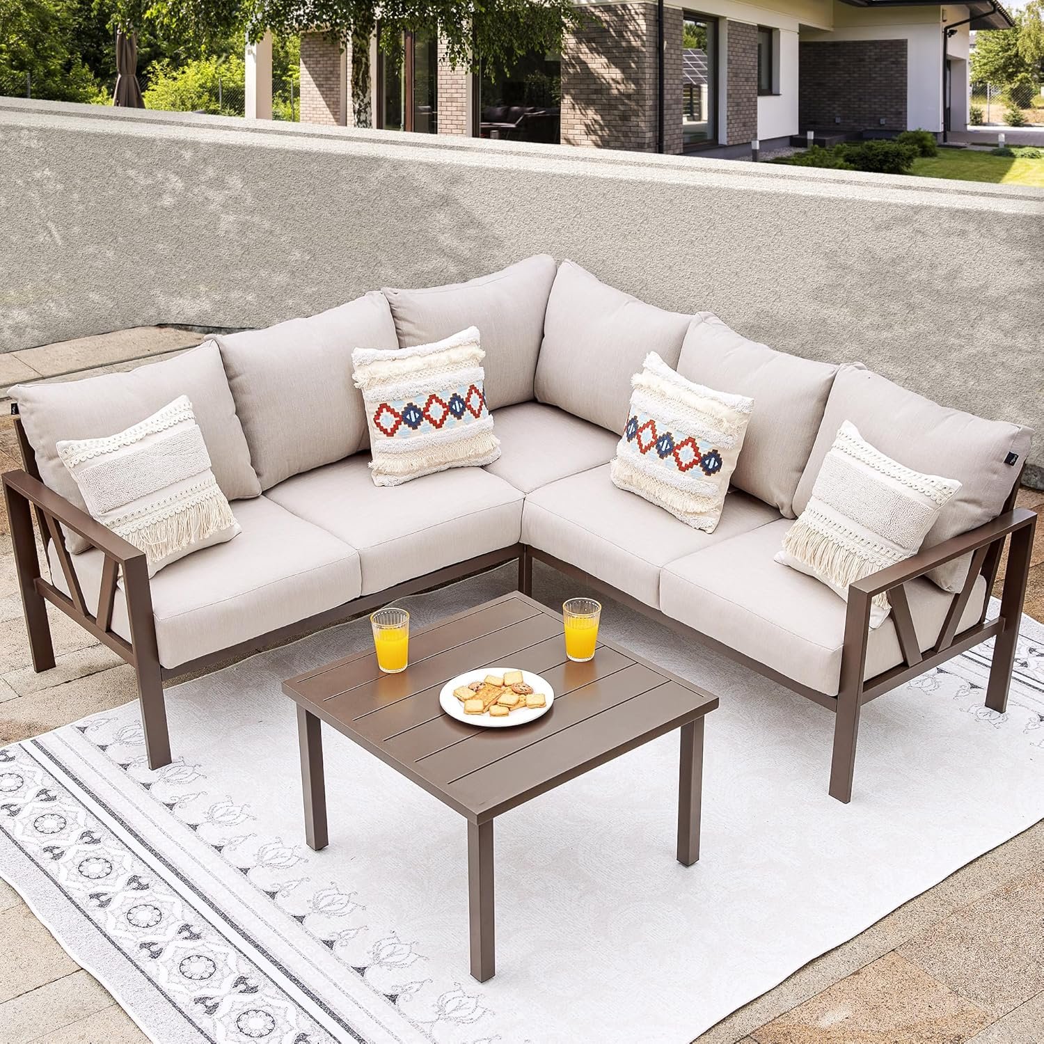 Patio Furniture Set, 6 Pieces Outdoor Couch Sectional, L Shaped Patio Sofa, Metal Patio Couch Sectional with Side Table, Outdoor Seating Conversation Set, Beige