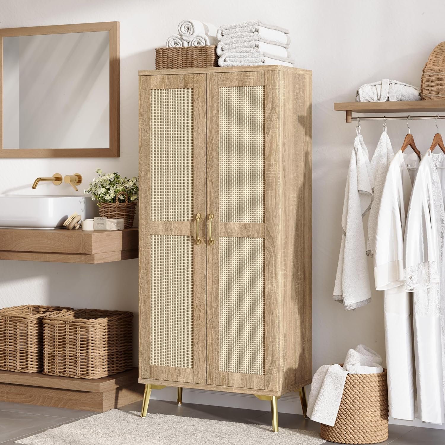 JASIWAY Tall Bathroom Storage Cabinet with Doors and Shelves, 57″ Linen Floor Storage Cabinet for Laundry Entryway, Wood Freestanding Pantry with Metal Handle, Adjustable Shelves, Anti-Tipping Device