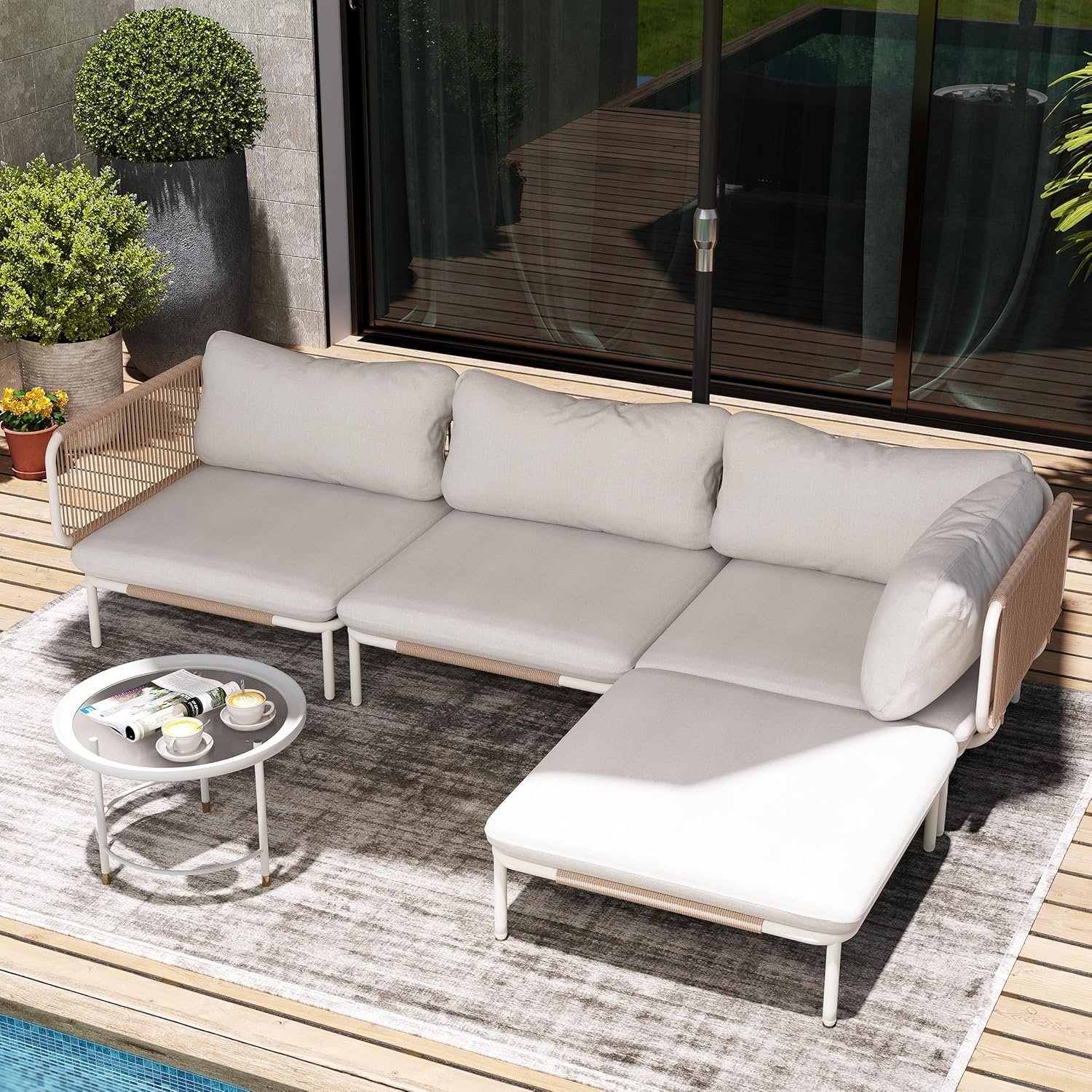 4 Piece Modern Outdoor Sectional Sofa, 31″ Oversized Patio Furniture Set with Olefin Woven Rope, Weather-Resistant Metal Frame and Removable Cushion, Beige