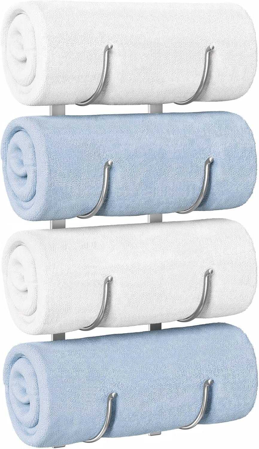 Bathroom Rolled Towel Rack: 4-Tier Wall Mounted Towel Storage Holder, Hanging Organizer for Towels, Blankets, Large Bath Sheets, Space Saving in RV, Closet, Toilet, Cabinet, Silver
