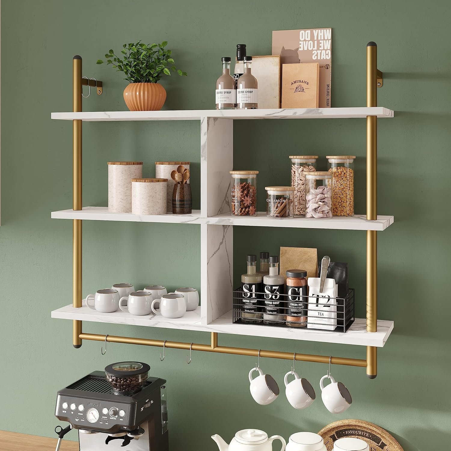 Bestier Kitchen Shelves Wall Mounted Floating Pipe Shelving 3 Tier 41.5″ Coffee Bar Shelf with Holder Wall Display Storage Rack Kitchen Organization and Home Decor, White Faux Marble