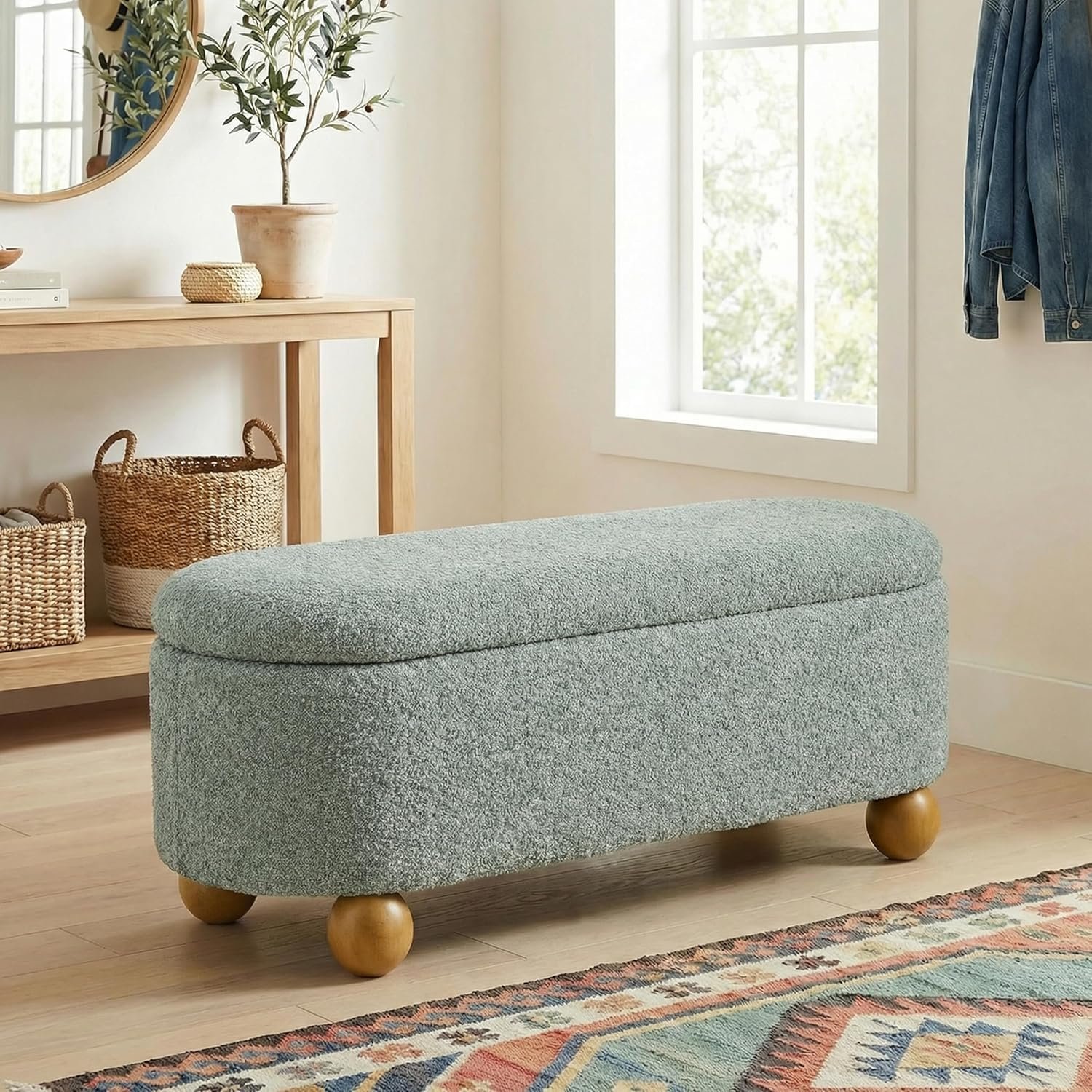 VKNOW 44.8″ Storage Ottoman Bench End of Bed Bench, Thickened Upholstered Blanket Chest for Living Room, Entryway Bench with Cute Spherical Solid Wood Stool Legs for Bedroom, Light Green