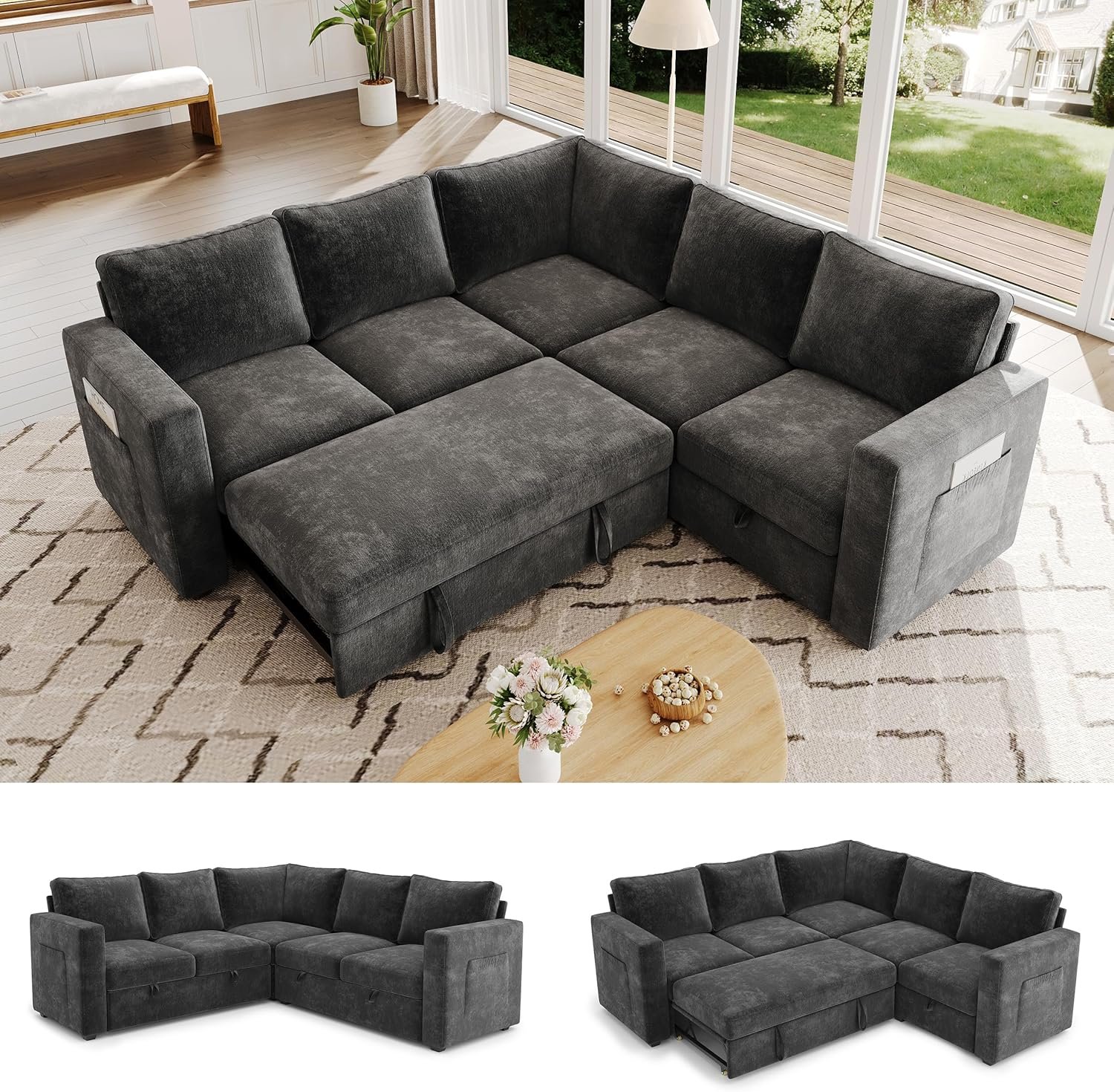 83.5″ Sectional Sleeper Sofa with Pull Out Couch, Modern 5 Seat L Shaped Modular Couch, Sectionals Modular Sofa with Storage, Comfy Sectional Couches for Living Room & Apartment, Dark Gray