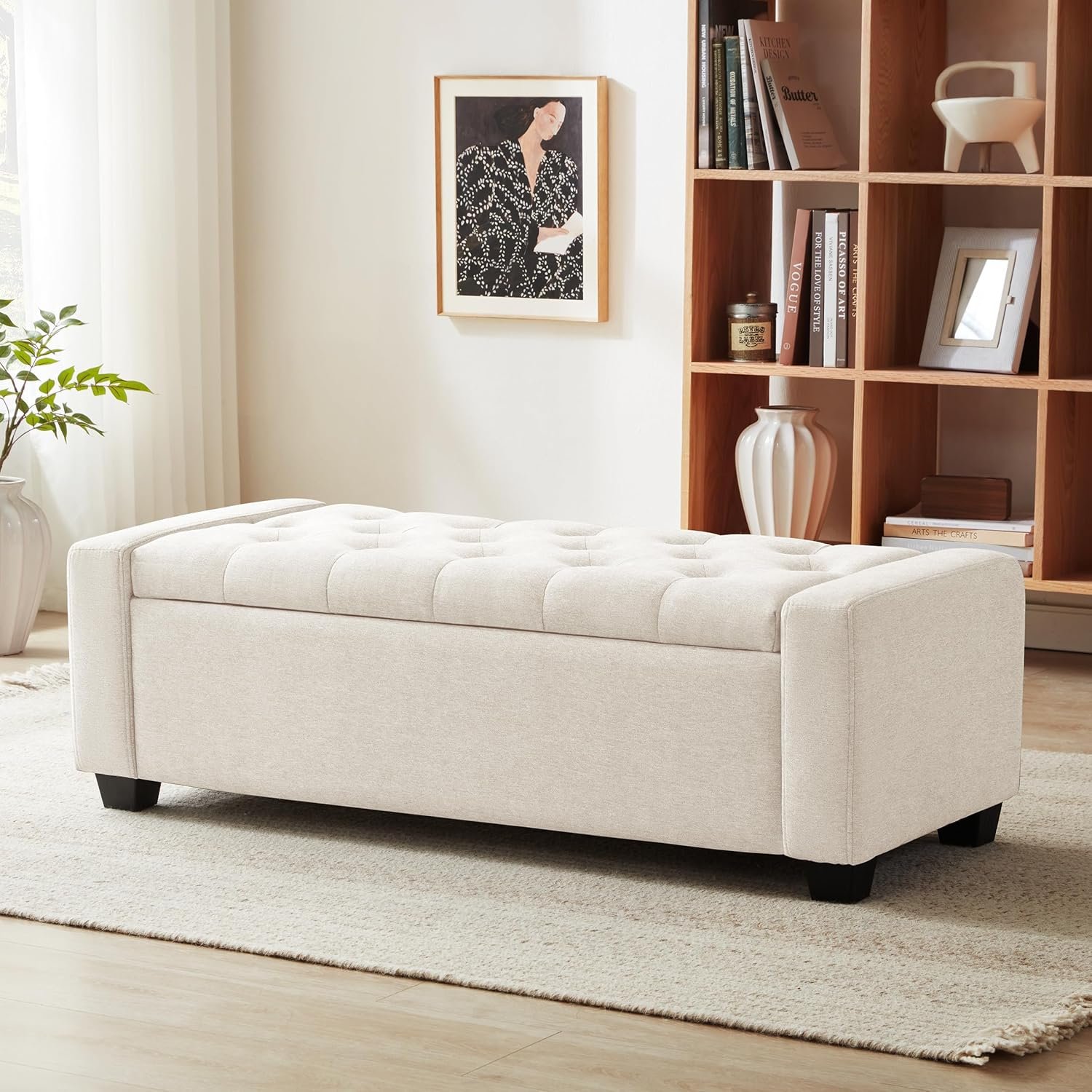 Huatean Home 48″ Ottoman with Storage, Storage Ottoman Bench with Safety Hinge, Upholstered Entryway Bench with Seating for Bedroom, Living Room, Holds up to 330 lb, Beige